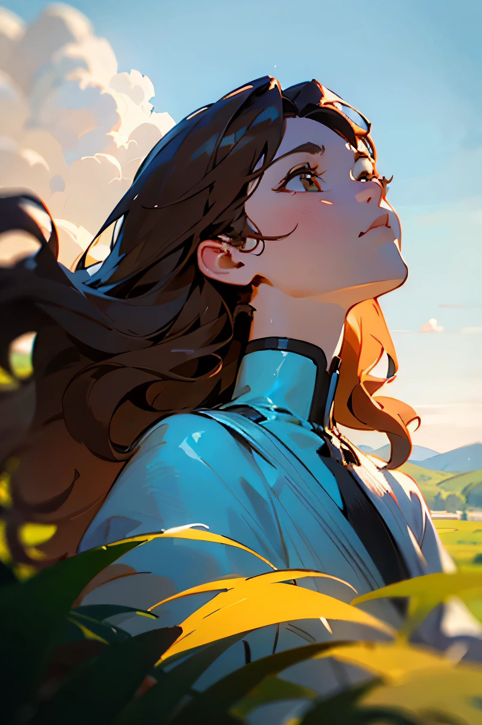 ((best quality)), ((masterpiece)), (detailed), perfect faceAnime style, 1womanl, brown haired, Wavy shoulder-length hair, full bodyesbian, looking away from camera, Looking up at the sky, Calm, Soft dramatic lighting, depth of fields of a biodiversity lush valleys vibrant detail, hyper realistic.