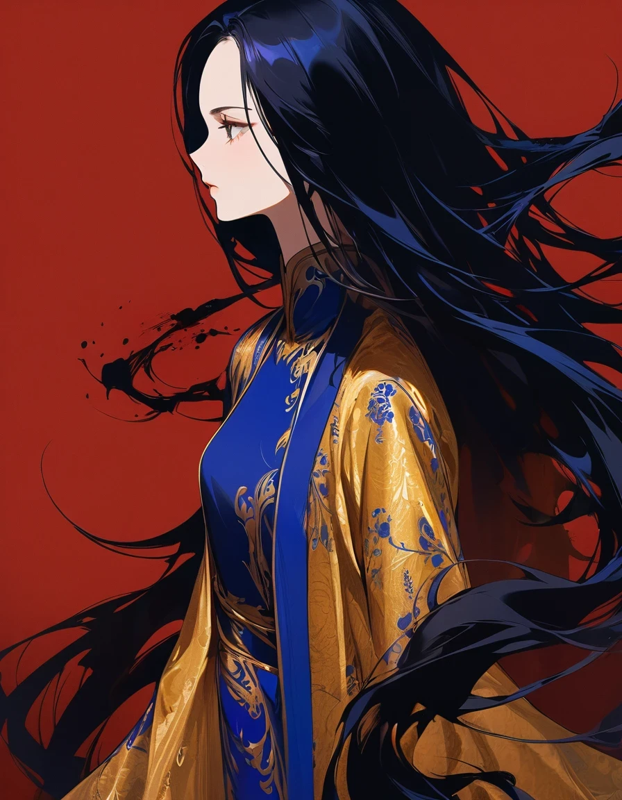 Female knight with exaggerated posture, Royal blue and gold fabric, Contrasting long hair, minimalist art, Pure Klein red background,, ink 。ink, Supremacist style