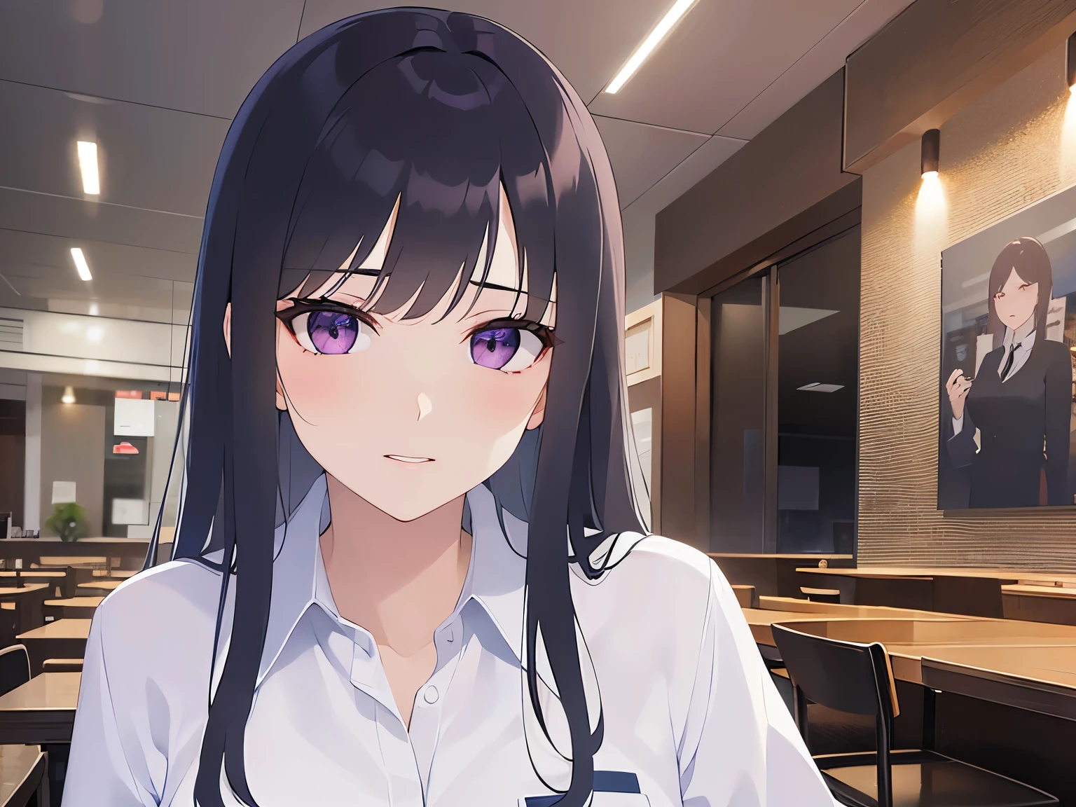 Upper Body, Realistic, real person, (pale skin: 1.2), RAW photo, photorealistic, portrait photography, shiny skin, japanese idol、shiny hair、(25 year old woman with straight medium hair with bangs) and (black hair) and (purple eyes) , Office Lady、(white collared shirt) and (long sleeve) 、Bad mood, The background is the interior of a restaurant at night.、Alone、sitting、