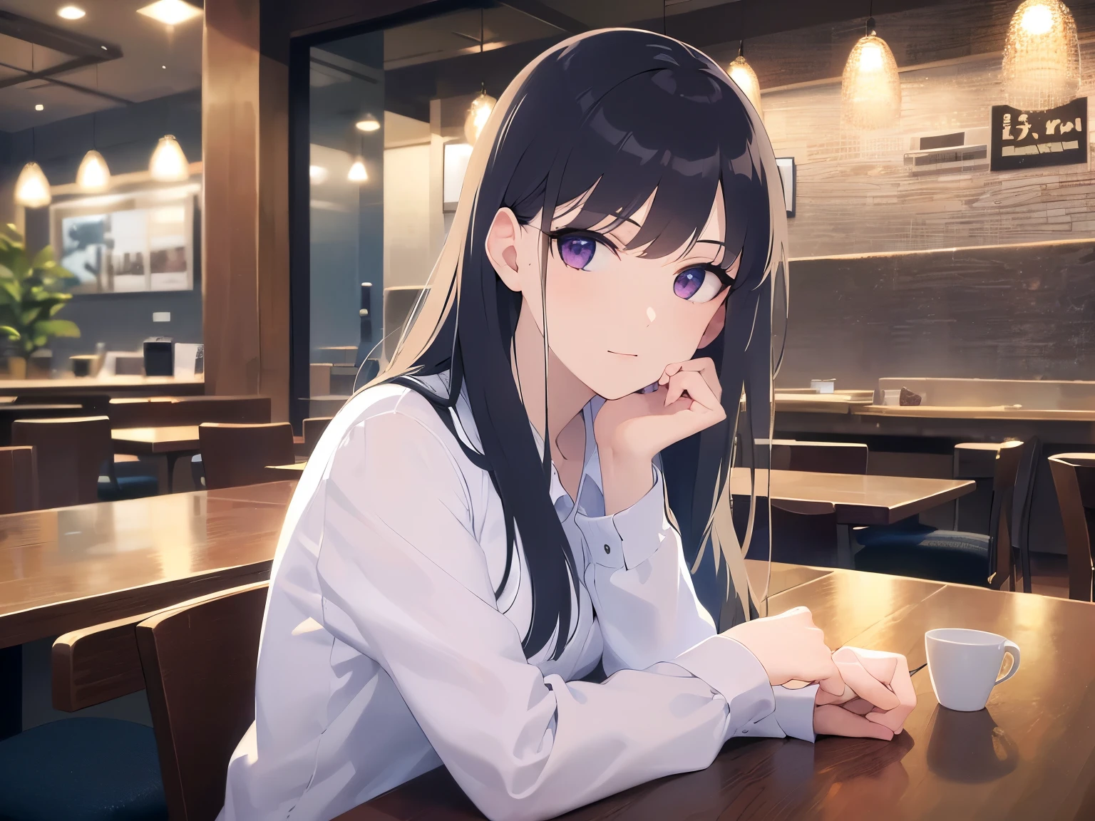Upper Body, Realistic, real person, (pale skin: 1.2), RAW photo, photorealistic, portrait photography, shiny skin, japanese idol、shiny hair、(25 year old woman with straight medium hair with bangs) and (black hair) and (purple eyes) , Office Lady、(white collared shirt) and (long sleeve) 、Bad mood, The background is the interior of a restaurant at night.、Alone、sitting、