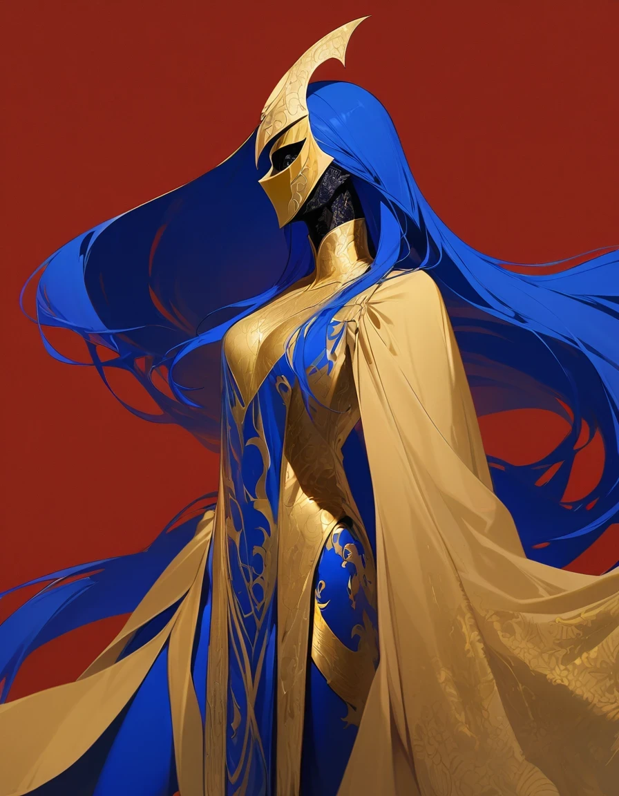  Female knight with exaggerated posture, Royal blue and gold fabric, Contrasting long hair, minimalist art, Pure Klein red background,, ink 。ink， Supremacist style 