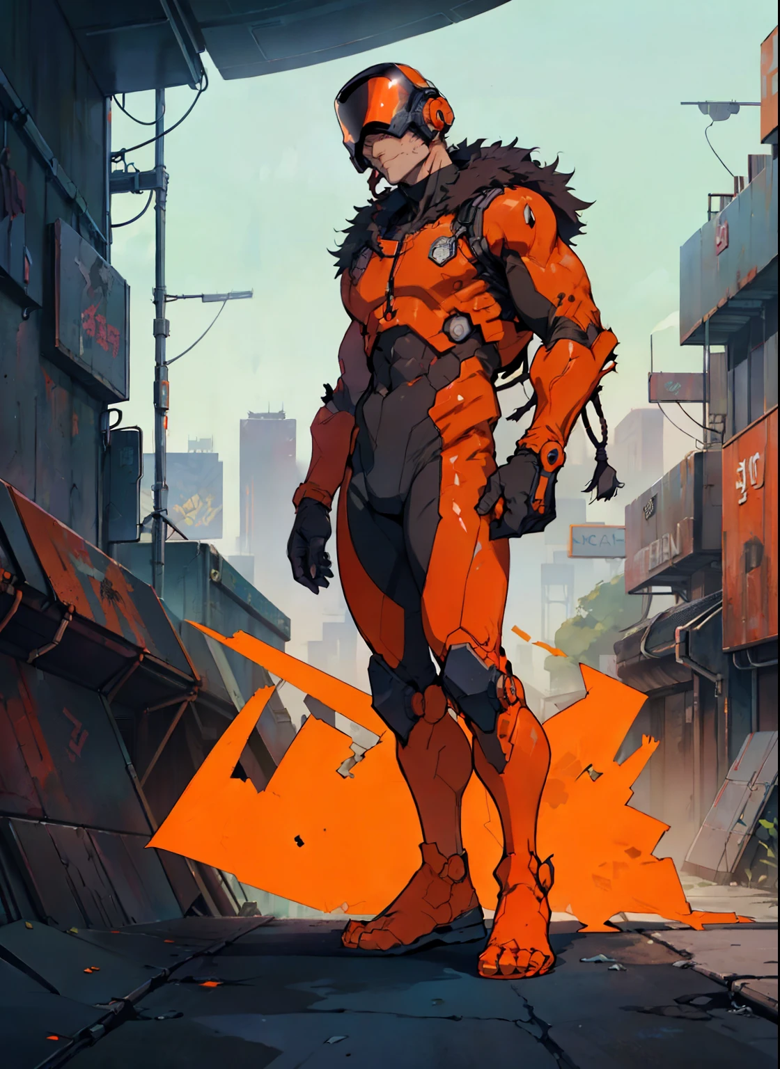 plush fur lined collar, perfect proportions, anatomically correct, (head to toe: 2.0), (full body image: 2.0), solo, (Casshern: 1.6), extremely stylized, deviant art, masterpiece, highly detailed, detailed eyes, expressive detailed eyes, detailed pupils, futuristic, ((1950s scifi helmet)), ((pointy helmet)), Rubber Gloss, (orange skinsuit:1.4), fur lined white boots, entire body image, full body shot, nvinkpunk, professional photograph of alexander_skarsgard, tassles, large beads, large tassels, navy blue orange and white, cyberpunk, inkpunk, paint platter, ink splatter,