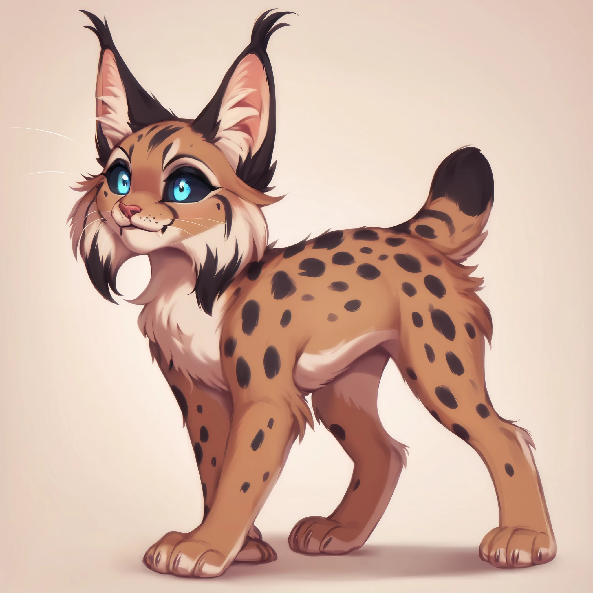 score_9, score_8_up, score_7_up, score_6_up, score_5_up, score_4_up, show accurate, full body, simple background, solo, feral lynx, female lynx, teenage linx, adorable face, standing on all fours, black sclera, sapphire blue eyes, bright eyes, playful look, overflowing emotion, spots under eyes,