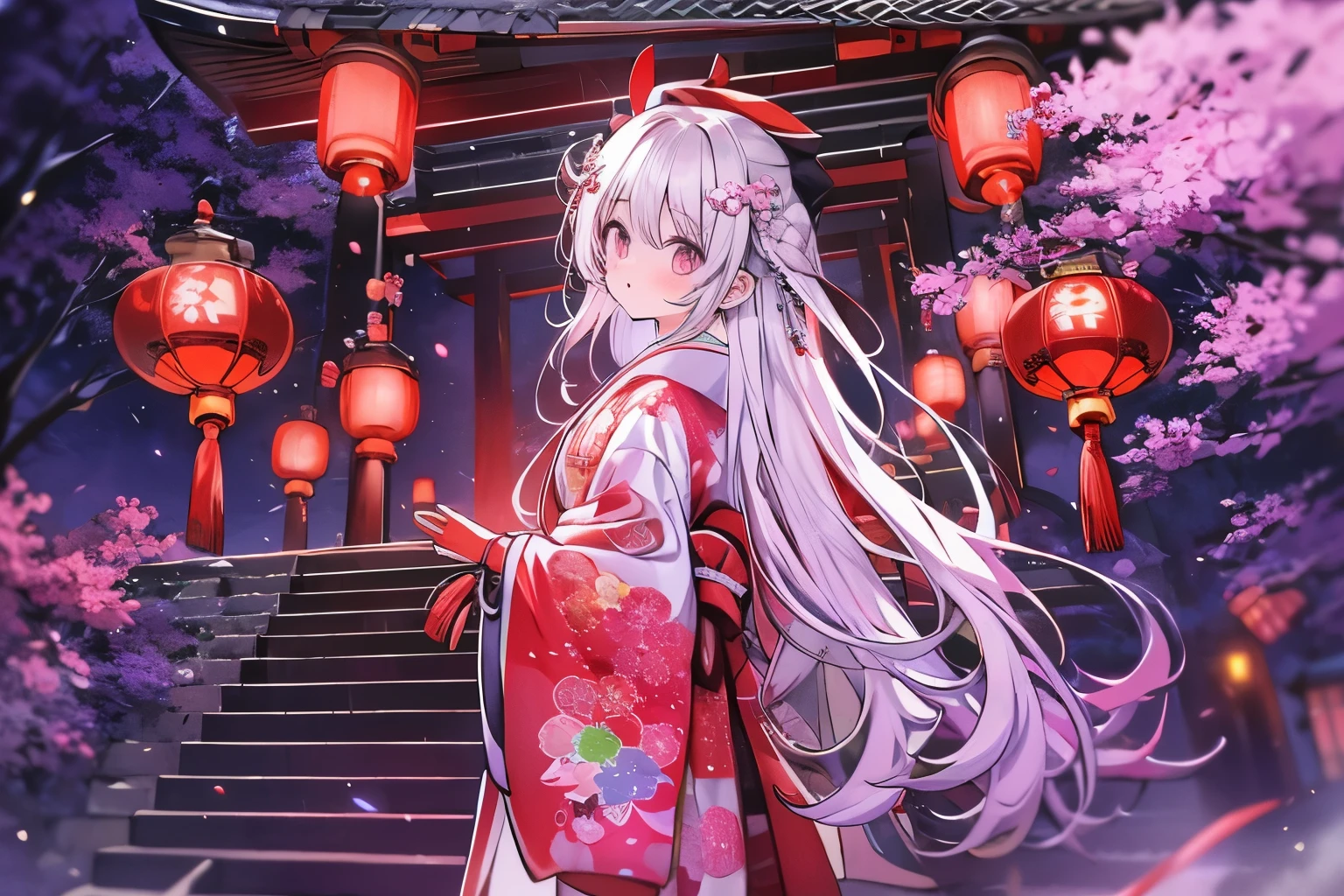 white hair girl、long white hair、Japanese style hair ornament、Furisode with very long sleeves and a colorful and gorgeous design、red obi、front、Horizontal position、Precincts of a shrine in the forest、It&#39;s night but the bright red sky、Many red lanterns 、The wind is blowing strongly and flowers are dancing in the sky、