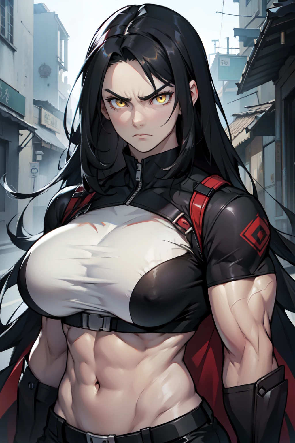 1 girl huge breasts black hair yellow eyes pale skin very long hair angry (((muscular)))