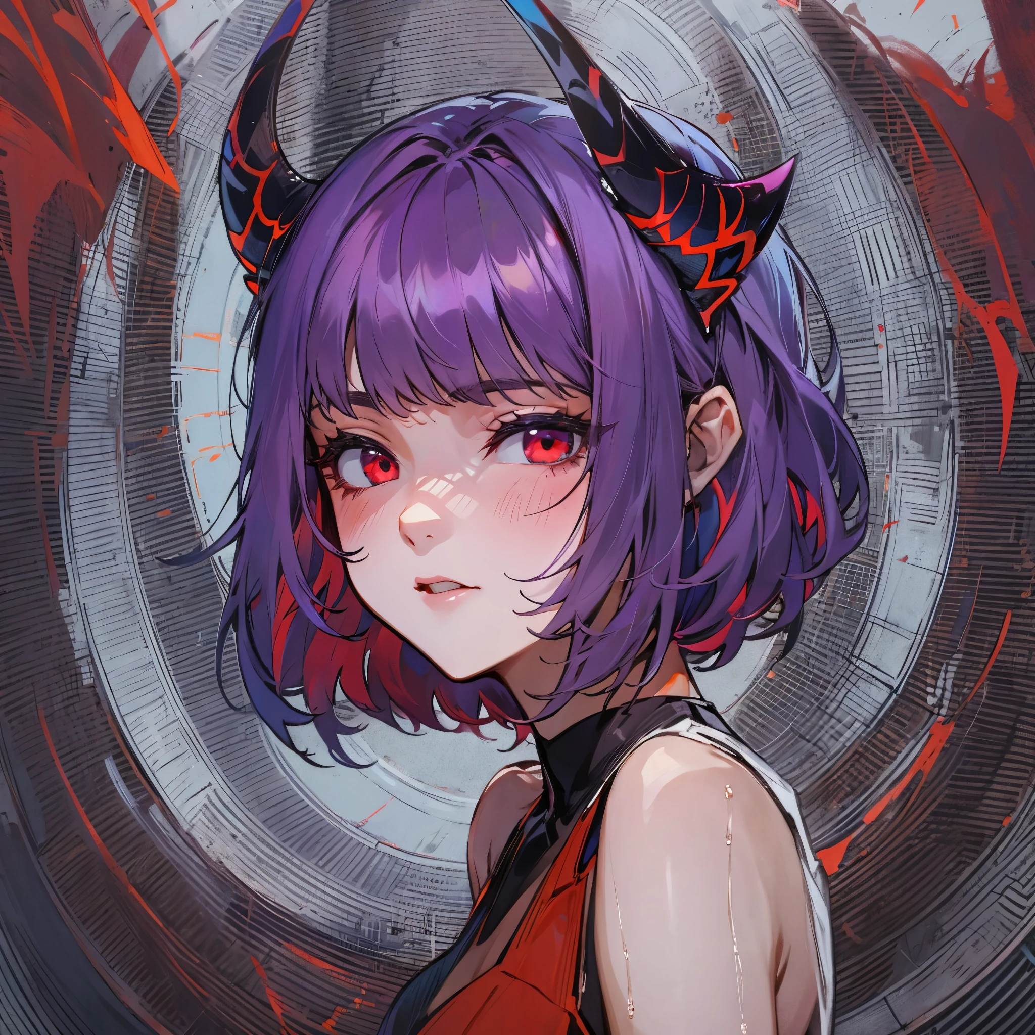 Best quality, masterpiece, A young yakuza girl with small horns with a tattooed face, tattooed shoulders and tattooed arms is sitting in profile in neon light room