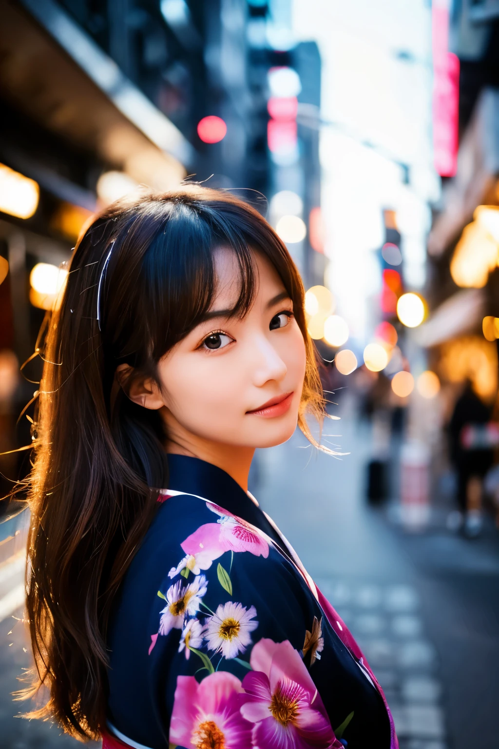 Beautiful Japanese supermodel woman, A lock of hair with slight highlights, black eyes, Sexy,street background,Gorgeous kimono , Liquid color flows across her face, Shooting against the light,Perfect facial lighting,mixed media