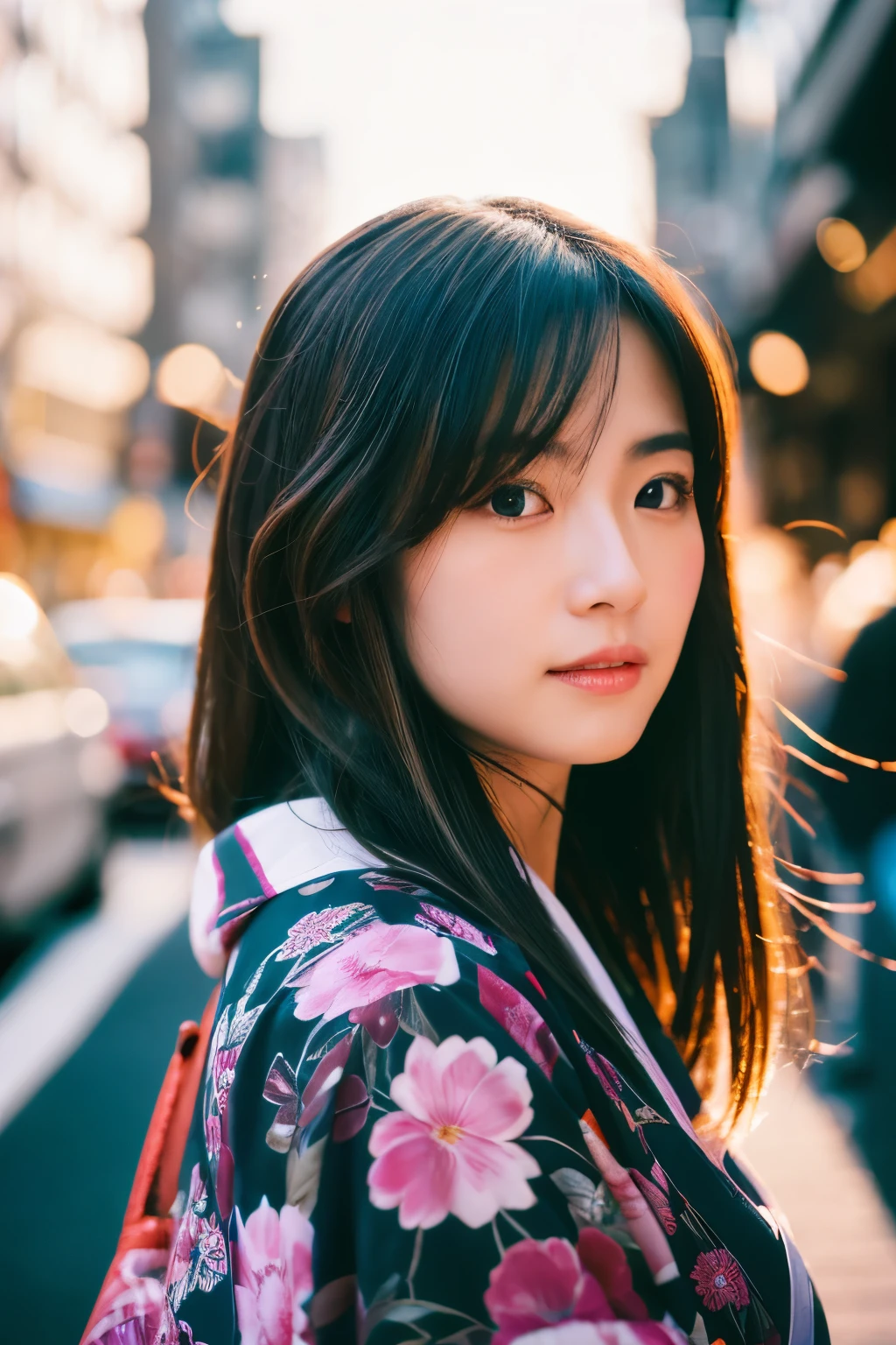 Beautiful Japanese supermodel woman, A lock of hair with slight highlights, black eyes, Sexy，street background，Gorgeous kimono , Liquid color flows across her face, Shooting against the light，Perfect facial lighting，mixed media