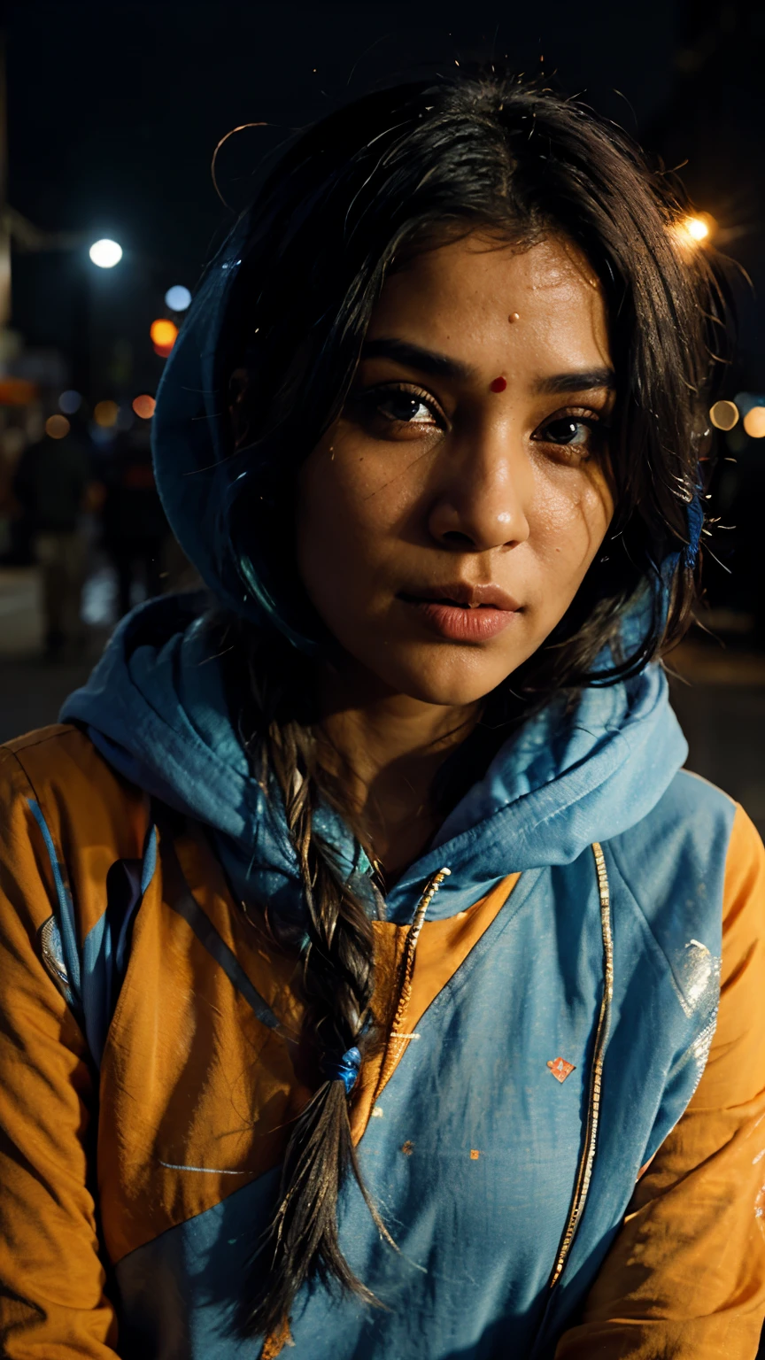 closeup portrait of indian woman with long light blue hair, wearing orange hoodie, dystopian street background, dust cloud, lense flare, detailed, cinematic composition, intricate details, highly detailed, fire, at night