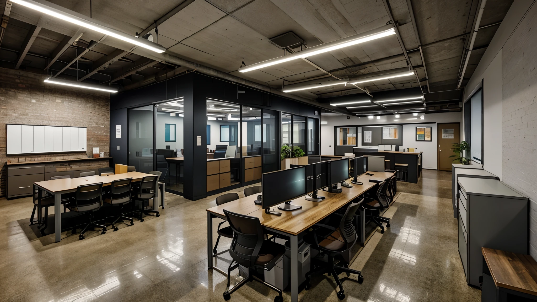 Office area renderings,Industrial style combines some spaceship elements,Many corner desks,It's all on top,The lights are mainly ceiling strip lights,There is a seating area on the left,There is a row of tables and chairs
