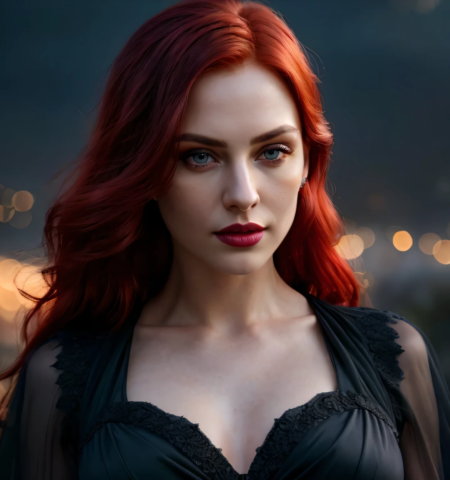 portrait shot, ((vivid red hair)), mature woman, 30 years old, diamond face, moonlight, red starry sky background, depth of field, magic, big red lips, ((dark black eyes)) black and red long and full dress, covered chest, mystical atmosphere, ominous shadows, Intense blue aura, Intense red aura (best quality:1.2), absurdres, intricate details, (highly detailed skin:1.2), smile expression, posing, taut and well defined body, attractive. Highly realistic, pale skin, beautiful, hyperrealism, skin very elaborated, direct gaze, (RAW, analogue, Nikon Z 14mm ultra-wide angle lens, award-winning glamour photograph, ((best quality)), ((masterpiece)), ((realistic)), skin pores, subsurface scattering, high-res, detailed facial features, high detail, sharp focus, smooth, aesthetic, extremely detailed, (extremely detailed eyes, extremely detailed iris), extremely detailed hair, extremely detailed skin, extremely detailed clothes, octane render, photorealistic, realistic, post-processing, max detail, realistic shadows, roughness, natural skin texture, real life, ultra-realistic, photorealism, photography, 8k UHD, photography, hdr, intricate, elegant, highly detailed, sharp focus, stunning, beautiful, gorgeous), realistic, masterpiece, highest quality, movie still, cloud girl, floating in the sky, (close-up:1.1), medium breast, bright, happy, fun, soft lighting,