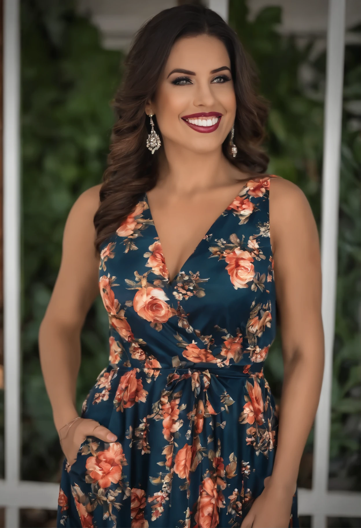 Mulher de 38 anos, sorriso cativante, tirando selfie, cabelos longos, cabelos preto ondulados, vestindo um vestido elegante, vestido florido, salto alto, cena closet, foto realista, hiperrealista