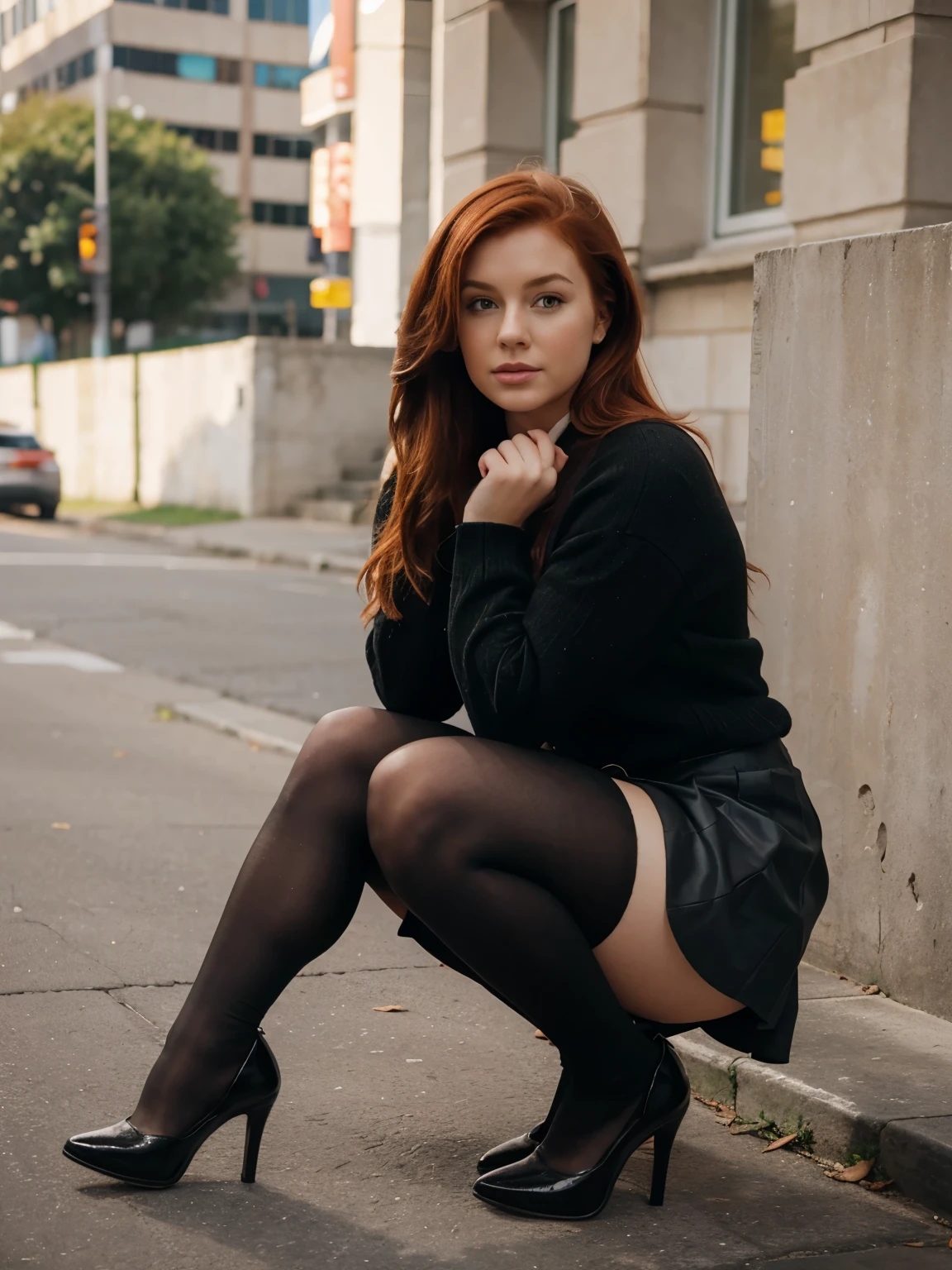 European Girl; Red dyed hair with white streaks; rote Lippen; roter bodyanzug; rote high heelstiegel; strassenszene; narrow hips; black legwear; high drops on shoes; green eyes