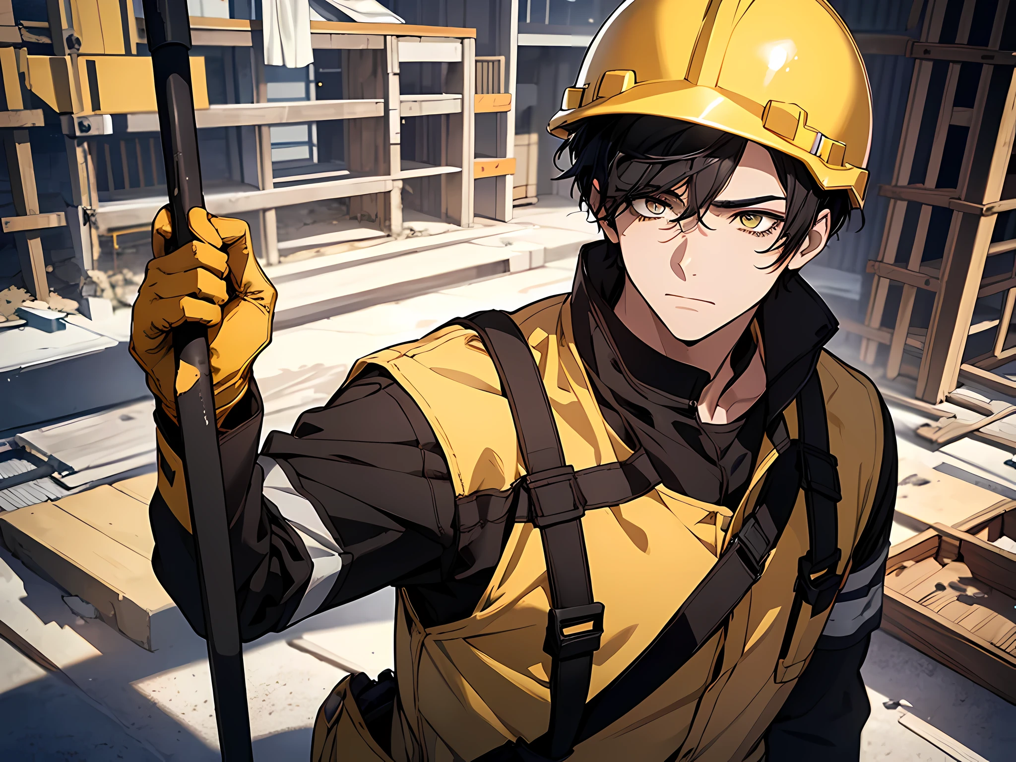 ****ung man, black hair, short hair, construction worker outfit, yellow helmet, holding a shovel on his right hand, sad facial expression, tired, face to detail, detailed eyes, beautiful eyes, perfect hands, standing, the background is construction area, half-body illustration, camera angle from front