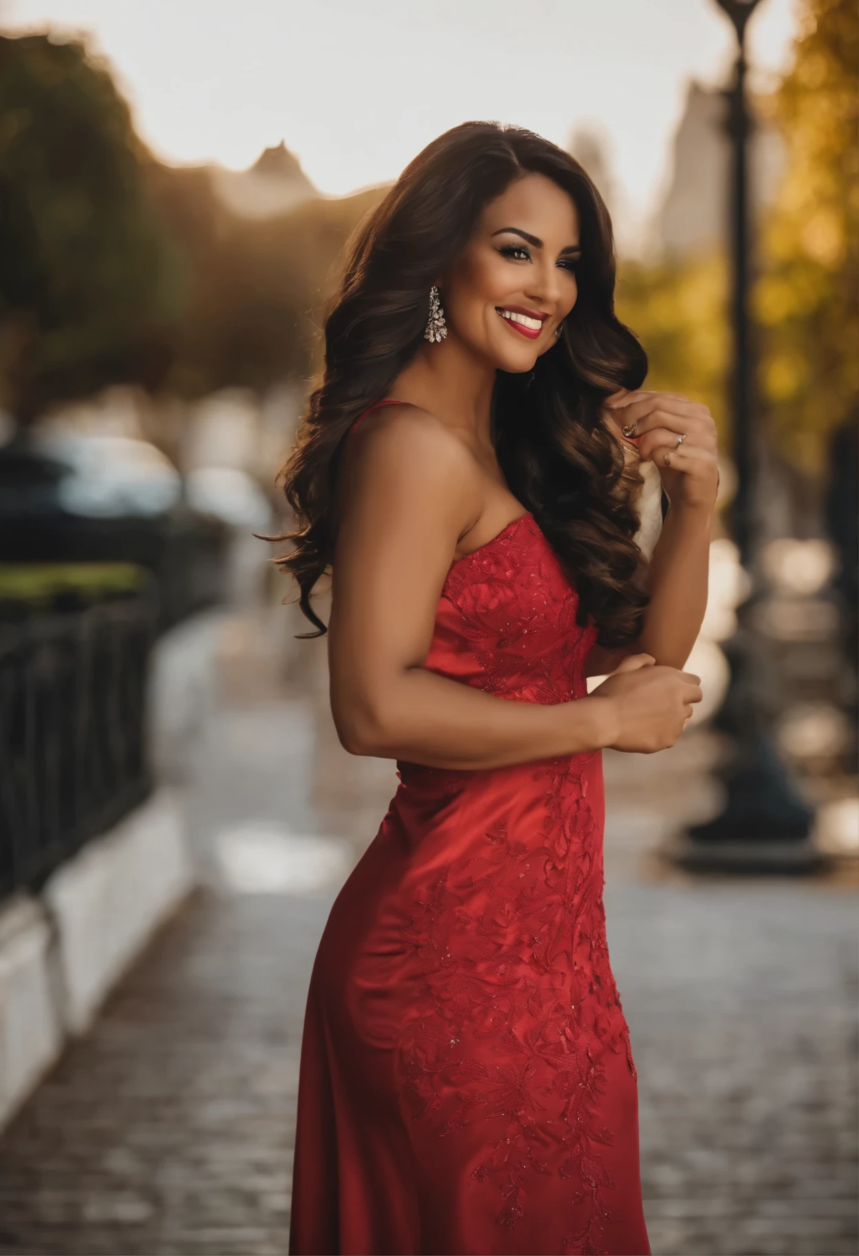 (masterpiece portrait photography:1.4) of a (solo:1.2) alluring sexy curvy tall supermodel Anupama Parmeshwaran, dancing on street, wearing beautiful (sexy red minidress:1.3), romantic Venetian Street, heels, (big flowing hair with highlights), (detailed intricate face) (flower in hair), vivacious, lustful glance, exhilarated (beautiful detailed eyes:1.1) , (seductive smile:1.3) intense dramatic lighting, falling leaves and flowers bokeh, backlit, light rays, highly detailed, trending on artstation, paint splashes, rich colour, wind all around, abstract portrait, by Ron hicks