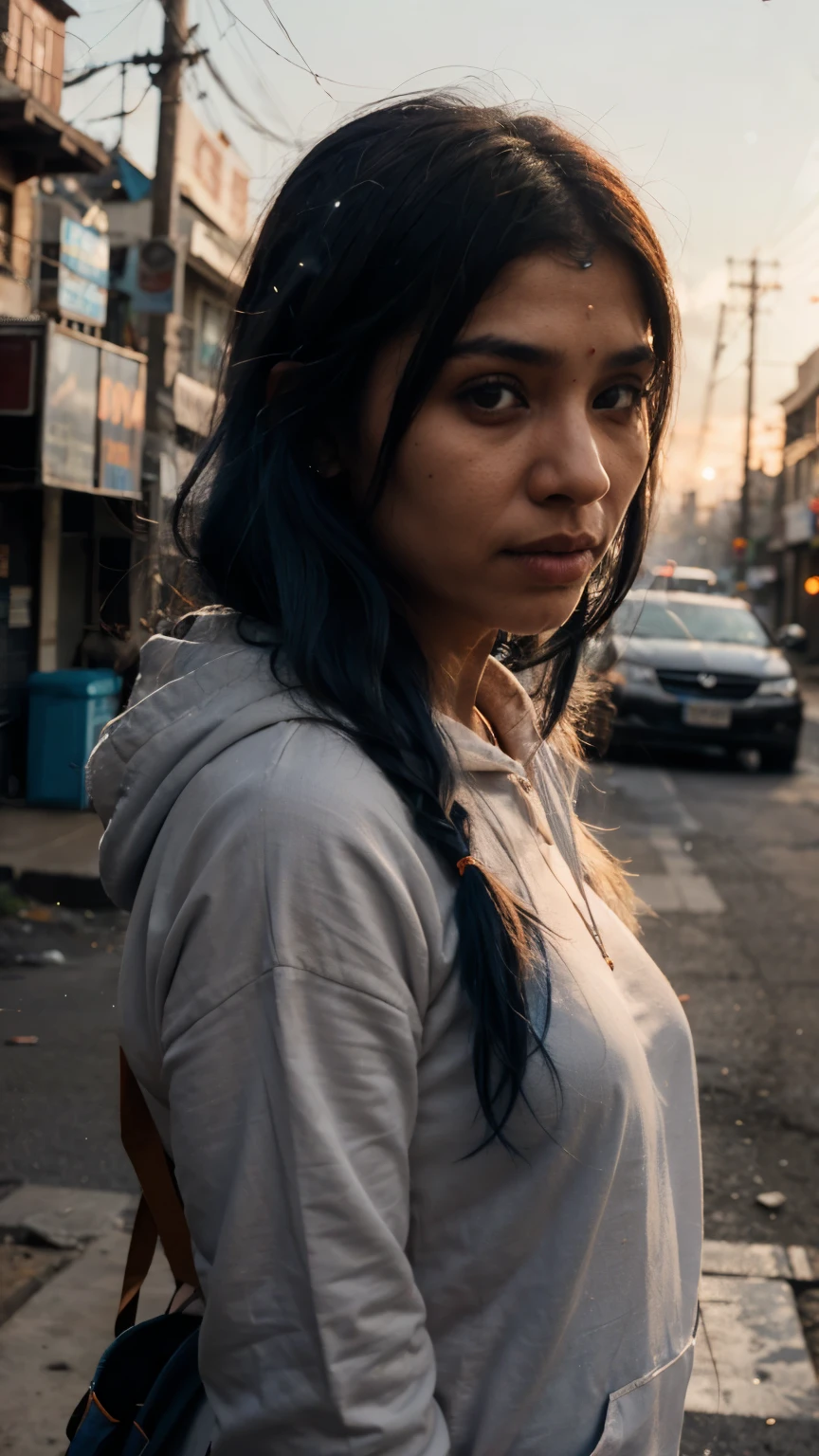 closeup portrait of indian woman of 35 years with long light blue hair, wearing orange hoodie, dystopian street background, dust cloud, lense flare, detailed, cinematic composition, intricate details, highly detailed, fire, at night
