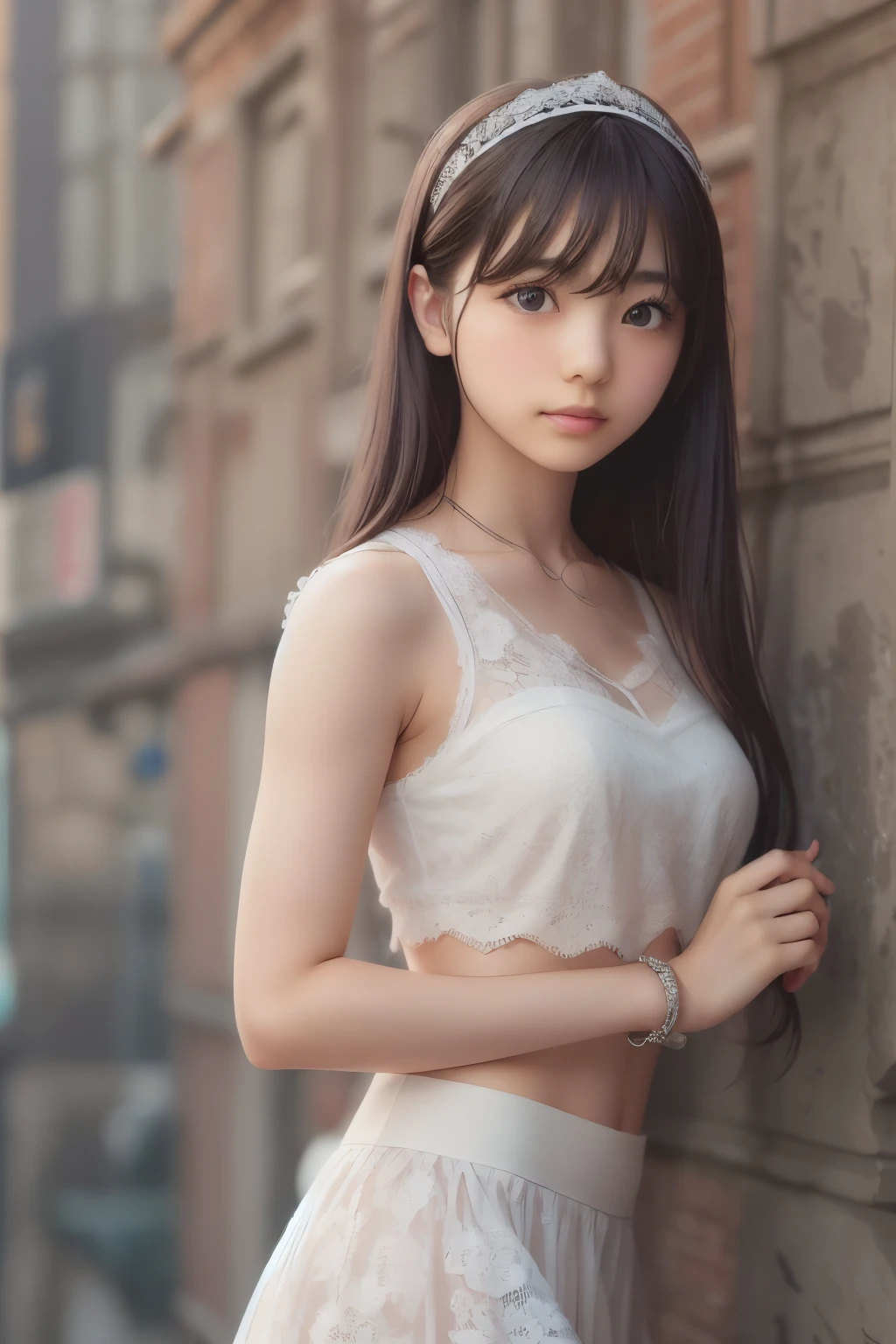 ((sfw: 1.4)),((detailed face, professional photography)), ((sfw, lace queen, grid girl, skirt, sleeveless, 1 Girl)), Ultra High Resolution, (Realistic: 1.4), RAW Photo, Best Quality, (Photorealistic Stick), Focus, Soft Light, ((20 years old)), ((Japanese)), (( (young face))), (surface), (depth of field), masterpiece, (realistic), woman, bangs, ((1 girl))