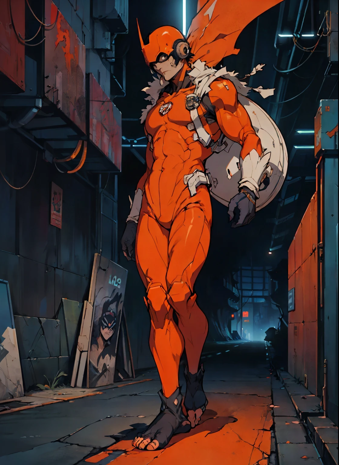 perfect proportions, anatomically correct, (head to toe: 2.0), (full body image: 2.0), solo, (Casshern: 1.6), extremely stylized, deviant art, masterpiece, highly detailed, detailed eyes, expressive detailed eyes, detailed pupils, futuristic, ((1950s scifi helmet)), ((pointy helmet)), Rubber Gloss, (orange skinsuit:1.4), white boots, entire body image, full body shot, nvinkpunk, professional photograph of alexander_skarsgard, tassles, large beads, large tassels, navy blue and white, cyberpunk, inkpunk, paint platter, ink splatter, (action pose:1.0)