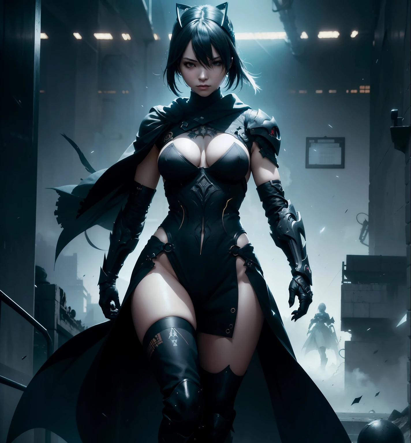A ninja girl (((in Raymond Swanland aesthetic style::1))) dressesd in 2B - Nier Automata in ornate black & golden sci-fi armor & black cape, Textured, Aesthetic, Elegant Perfectionism, Subsurface scattering, Helical Prism, 8k uhd, glowing