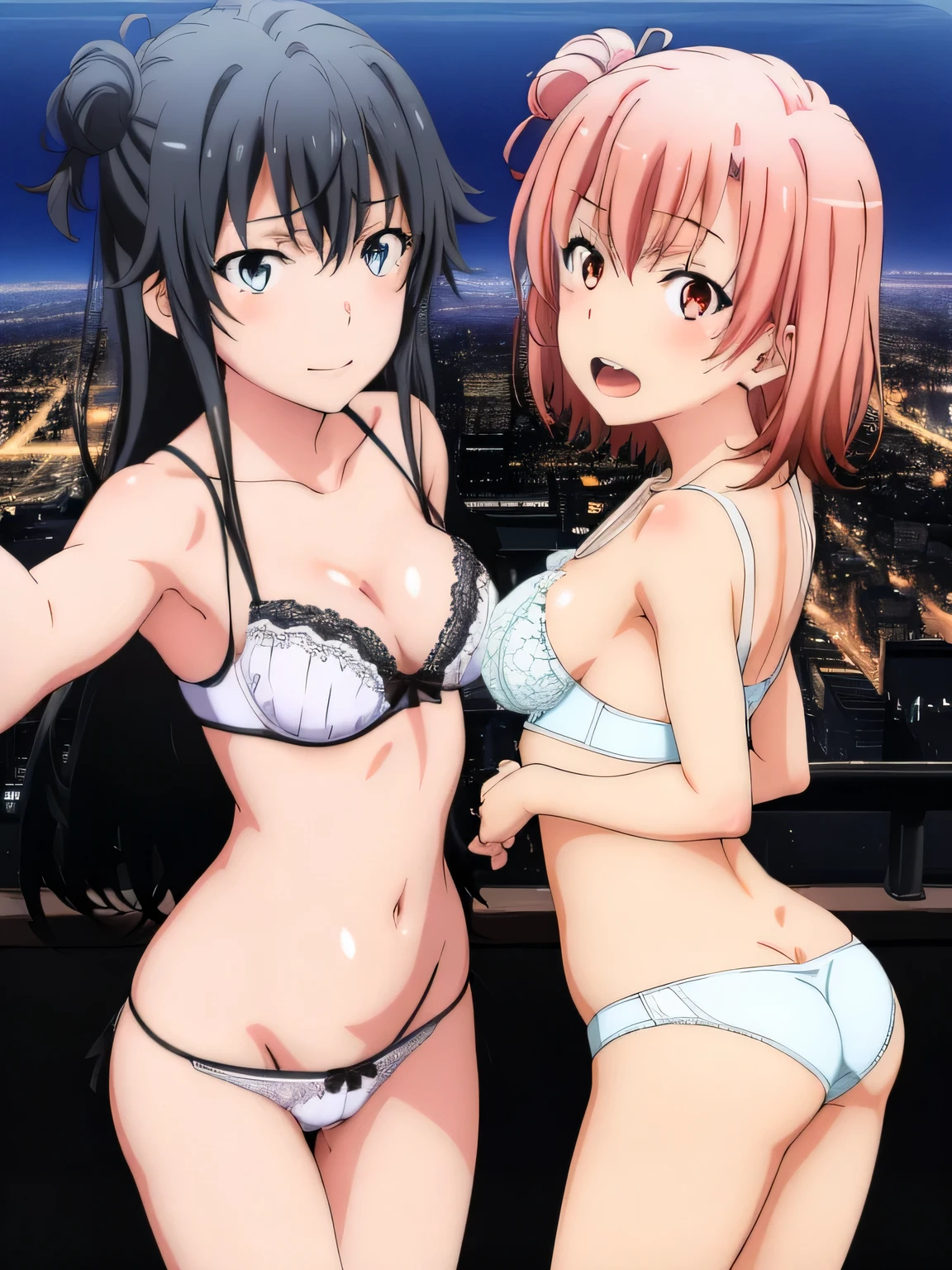 2 girls , Yukinoshita Yukino , yuigahama yui , jump, 2 girls , Yukinoshita Yukino , Yuigahama Yui has a wonderful bust and hips.............., Run, In underwear,pink good,belly button,side-string panties,white bra、butt lace panties,white panties,(pussy line:1.0),urethra,NSFW,thighs,butt,look at the camera,shy,Troubled smile,lowered eyebrows,open your mouth,blush,high angle,beautiful eyes ,in the city at night,