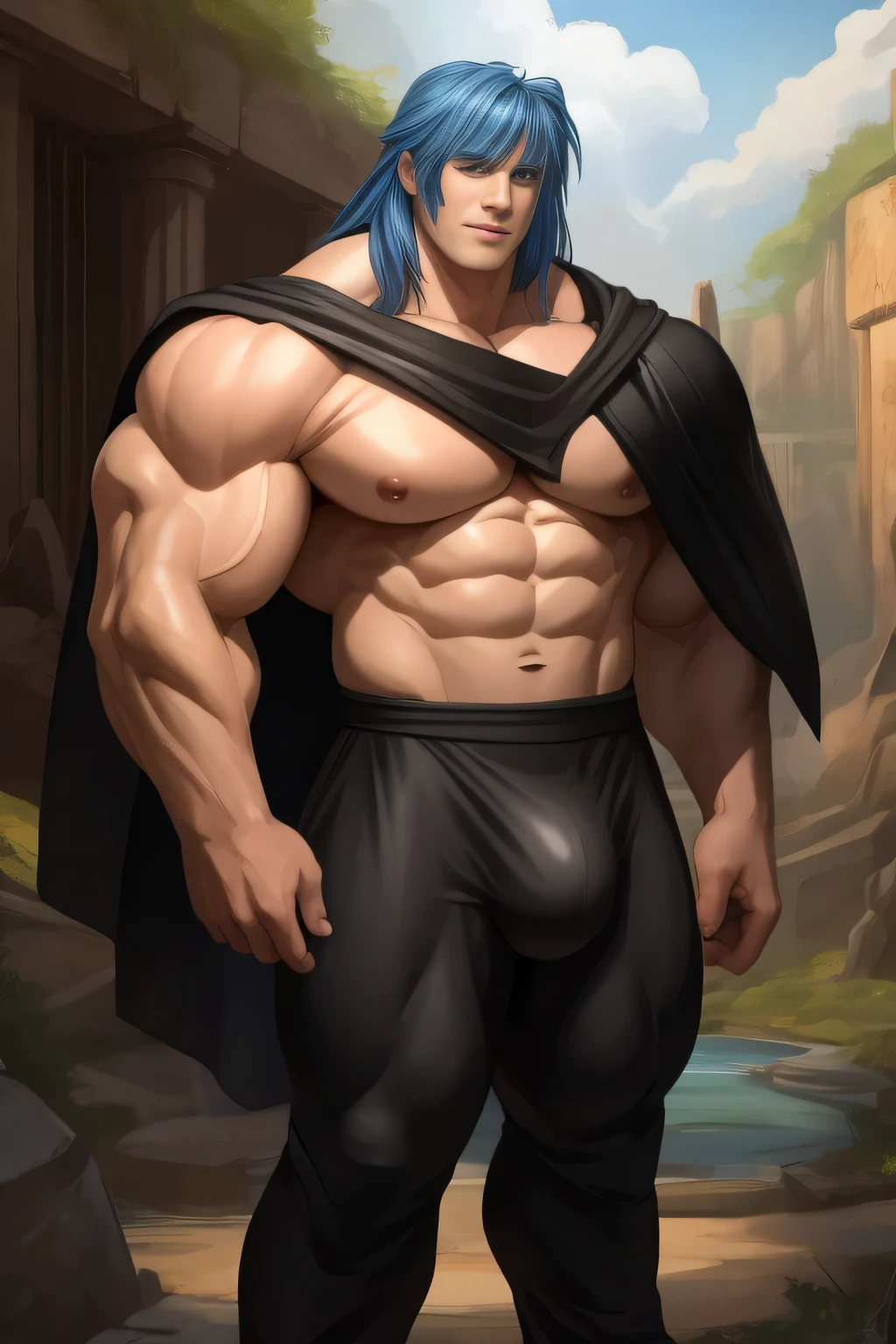 A man (human) 30 years old, beardless, Caucasian young face, man, men, solo, long hair bangs that fall on both sides of his youthful face. Attractive. handsome face. mischievous expression, blue eyes, cobalt blue hair, tall and body full of huge muscles. Very voluminous pectorals His shoulders as well as his back and chest were enormous, from shoulder to shoulder it seemed to be a meter long; On his chest were 2 enormous pectorals that were gigantic and very voluminous, proudly supported by 8 chiseled abs. His torso, from his shoulders to his waist, had the shape of a V which was very marked on his waist, his arms were as thick as a log. and his biceps were big and shapely. His buttocks were also wide, round and big and firm, and his thighs were almost as thick as his arms, or thicker if possible. 400lbs.
bodybuilder body. he wears black Jedi-style baggy pants dark, bulge in the crotch, black cape, bare chest, open black cape, Ruins of a Jedi temple with ancient river. Jedi open black tunic.
