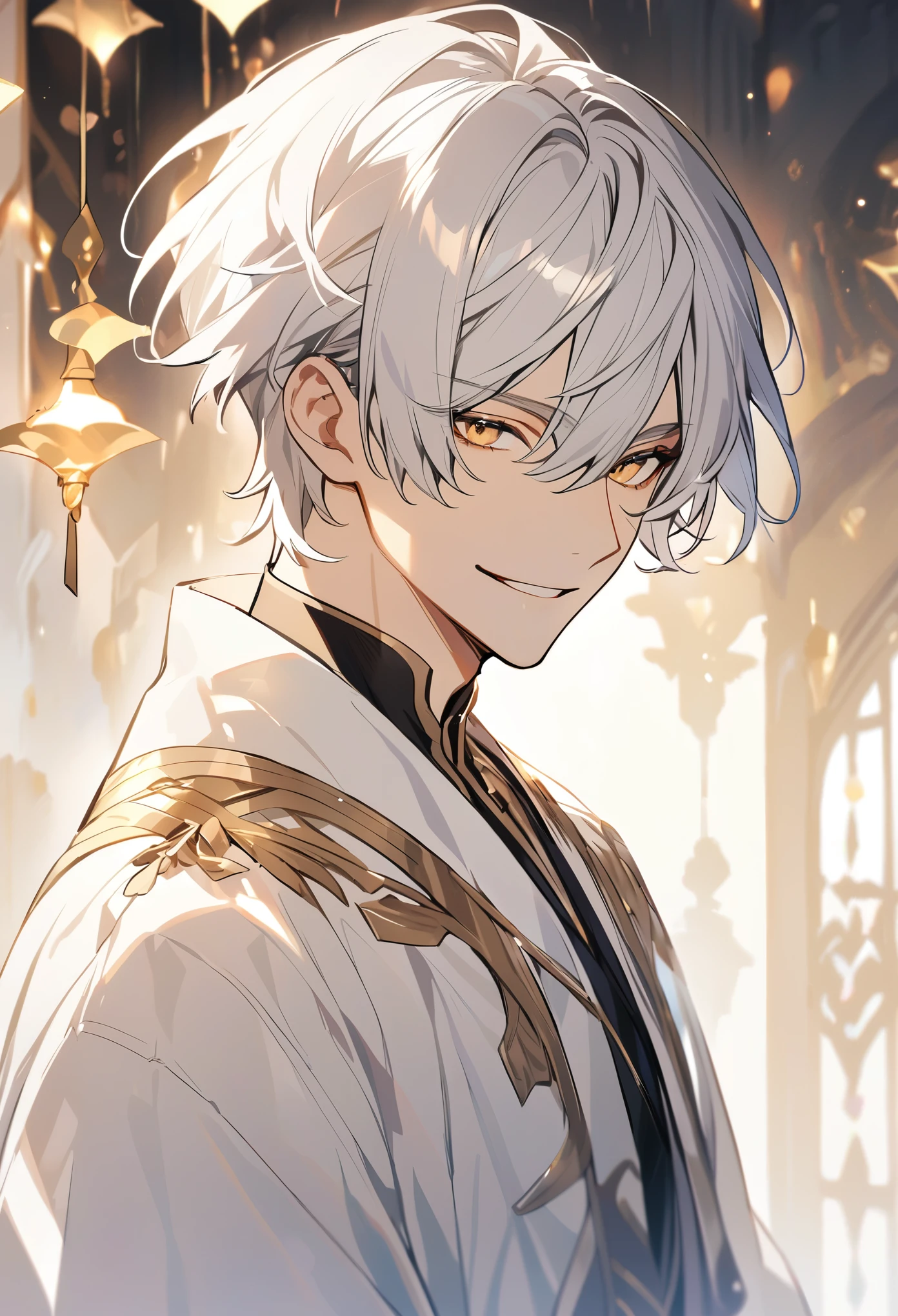Handsome, solo, 1 male, short hair, with bangs, gold eyes, white hair, white robe, smile facial
