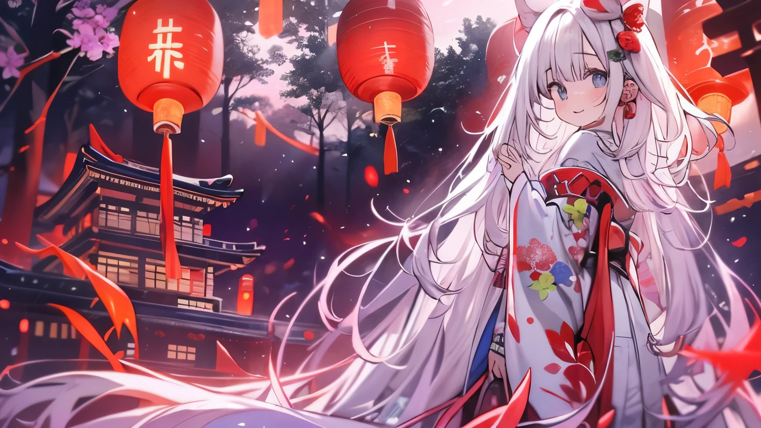 white hair girl、long white hair、Japanese style hair ornament、Furisode with very long sleeves and a colorful and gorgeous design、red obi、front、Horizontal position、Precincts of a shrine in the forest、It's night but the bright red sky、Many red lanterns 、The wind is blowing strongly and flowers are dancing in the sky、