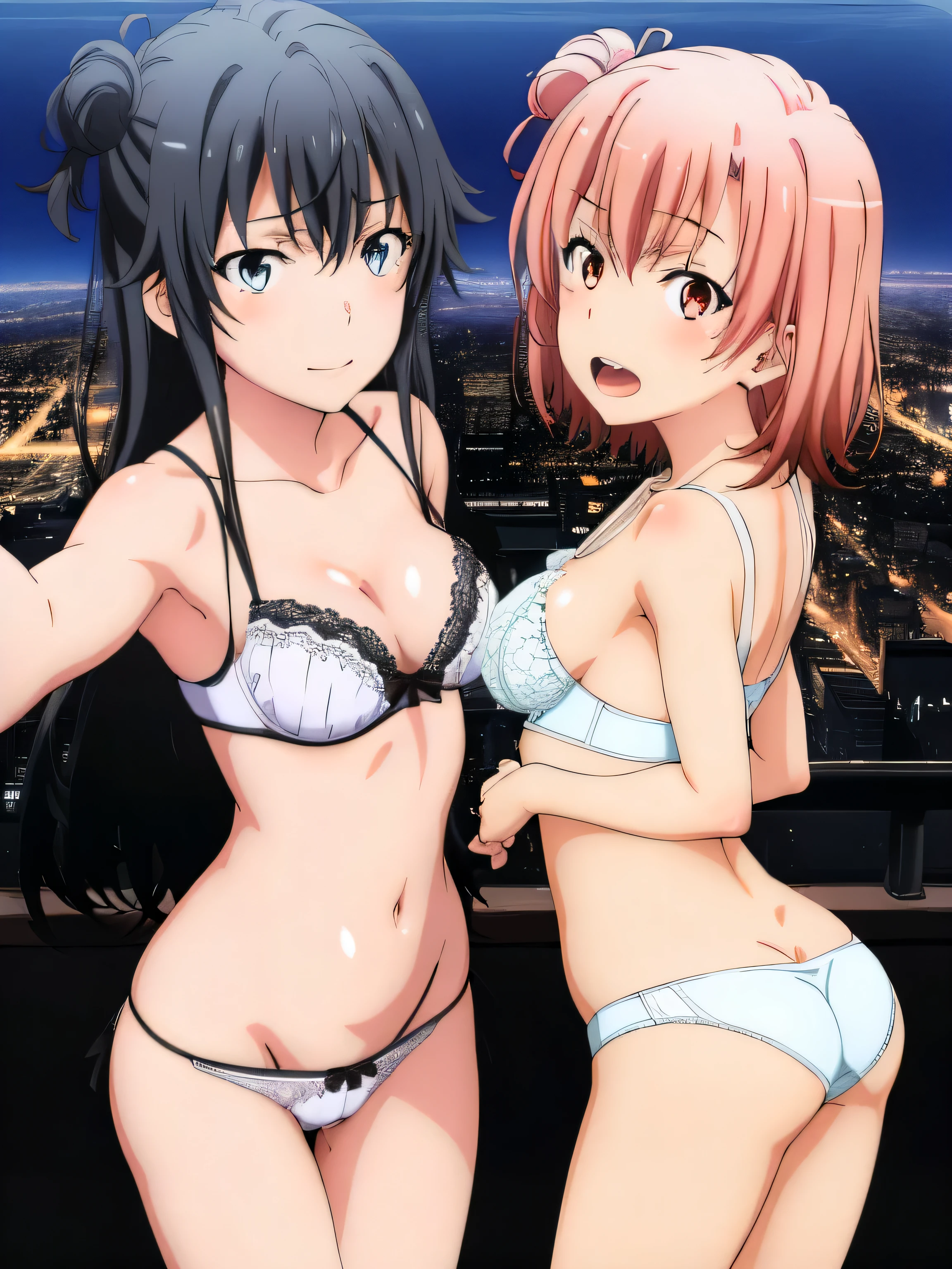 2 girls , Yukinoshita Yukino , yuigahama yui , jump, 2 girls , Yukinoshita Yukino , Yuigahama Yui has a wonderful bust and hips.............., Run, In underwear,pink good,belly button,side-string panties,white bra、butt lace panties,white panties,(pussy line:1.0),urethra,NSFW,thighs,butt,look at the camera,shy,Troubled smile,lowered eyebrows,open your mouth,blush,high angle,beautiful eyes ,in the city at night,