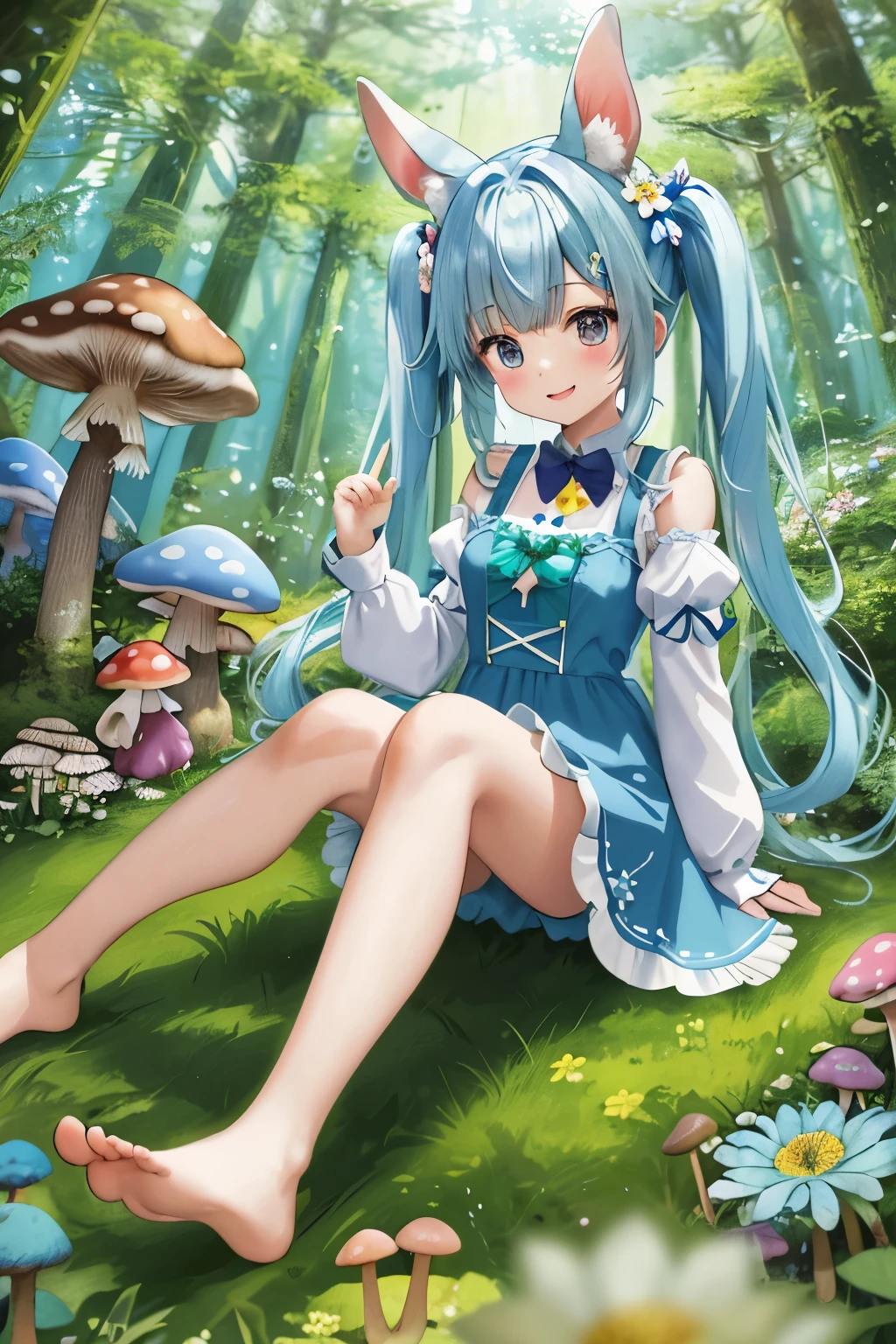 Alice in Wonderland　Light blue long hair　beautiful girl with twin tails　Long rabbit ears　Running through the deep forest　dynamic mode　A lot of beautiful flowers　Big rabbit　big squirrel　Mushrooms　There are a lot of animals in the forest　