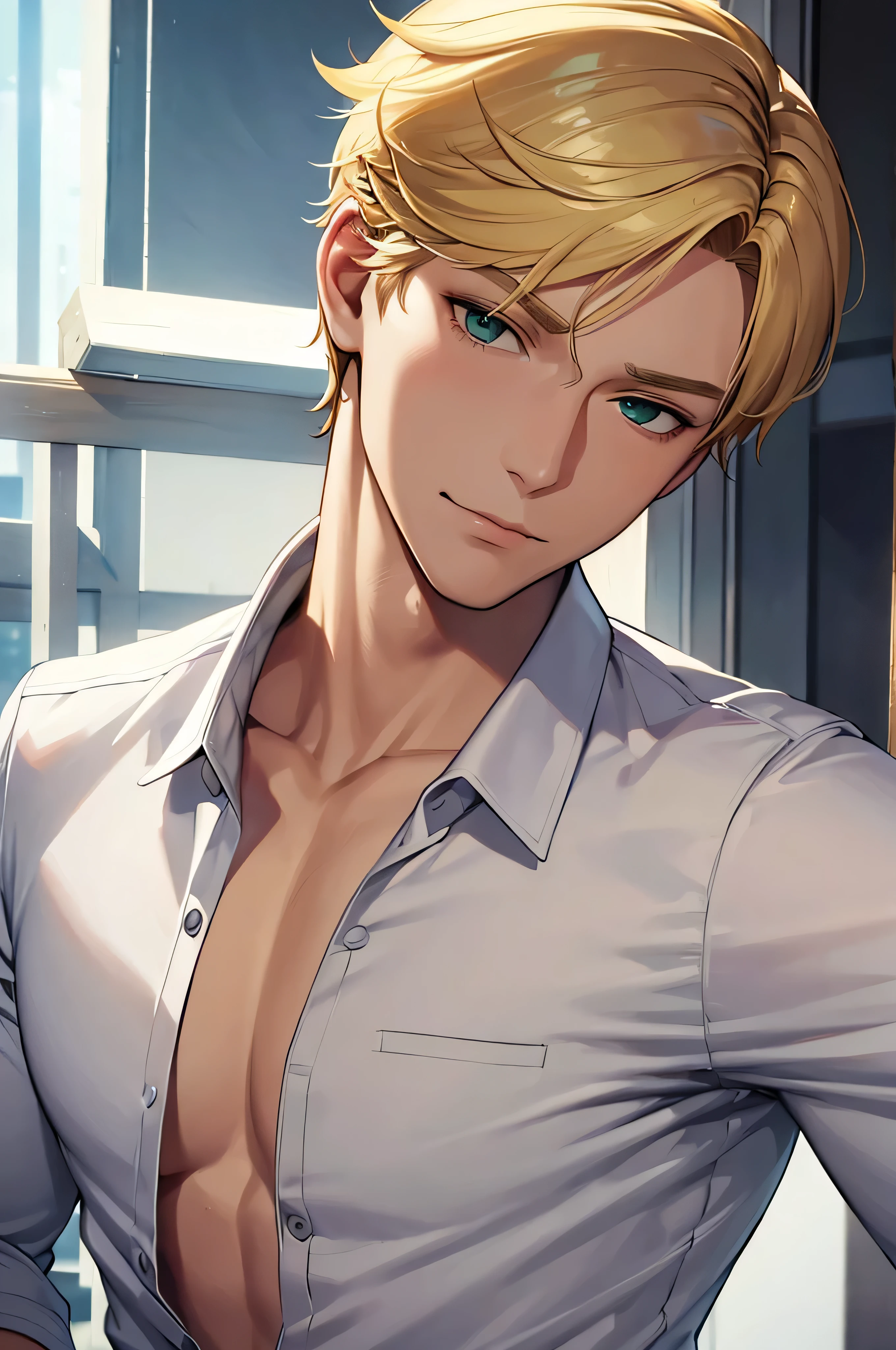 1 man, 35 years old, mature, short blonde hair, green eyes, Norwegian, 190 cm tall, fit and lean, Very handsome, white shirt, sunny, park, up close to face, anime.
