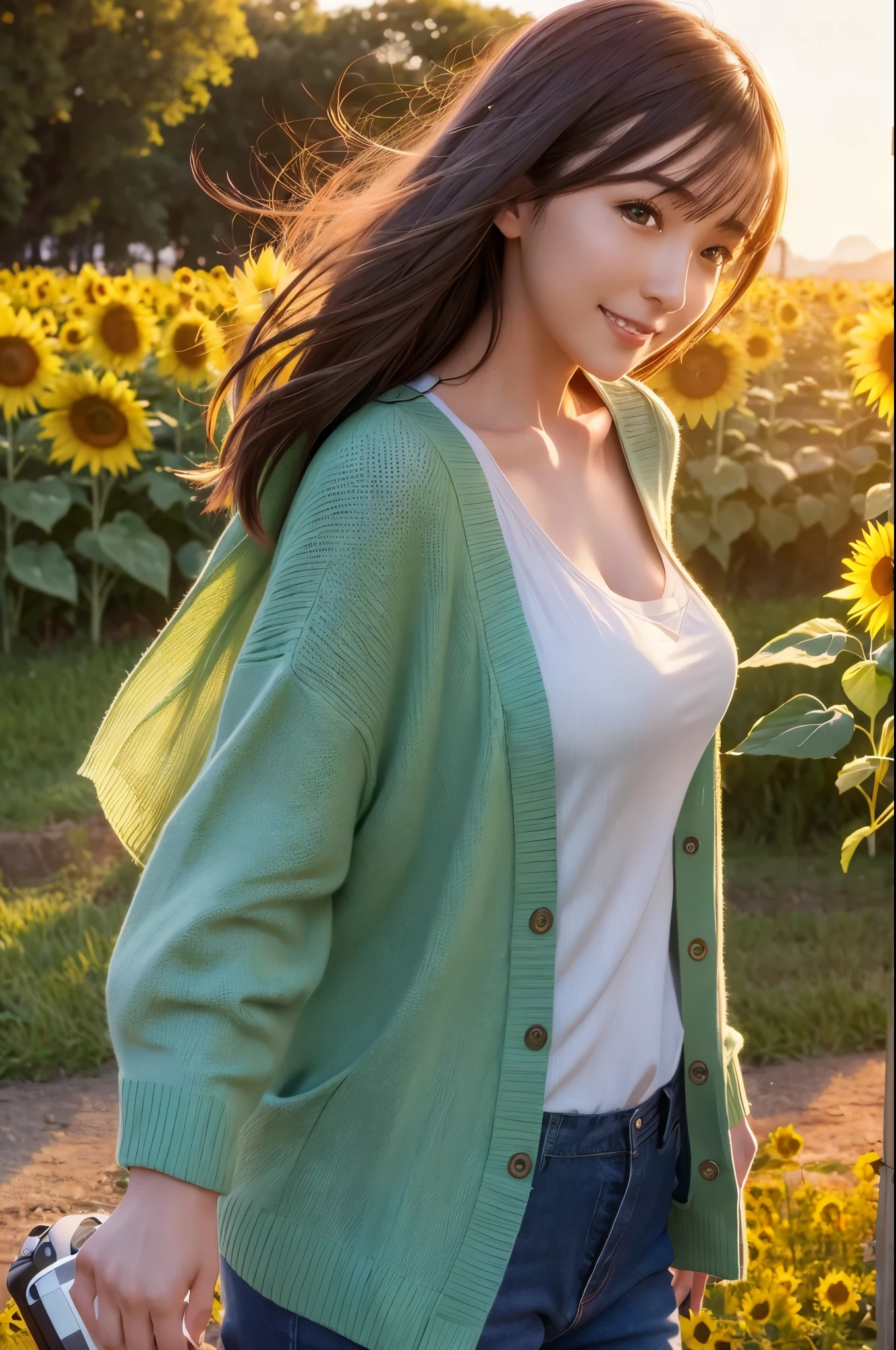 Side view, a girl in a vast sunflower plantation, wearing a green blous and a thin cardigan, looks cheerful and happy, at sunset, there is a golden sunlight penetrating from between her hair floating in the wind. (masterpiece,realistic,highest quality):1.4, delicate pictures, Complex, ray tracing, High resolution CG, super detailed, 8k wallpaper, unity, art station, Digital single-lens reflex camera, high resolution photo, best shadow, cinematic light
