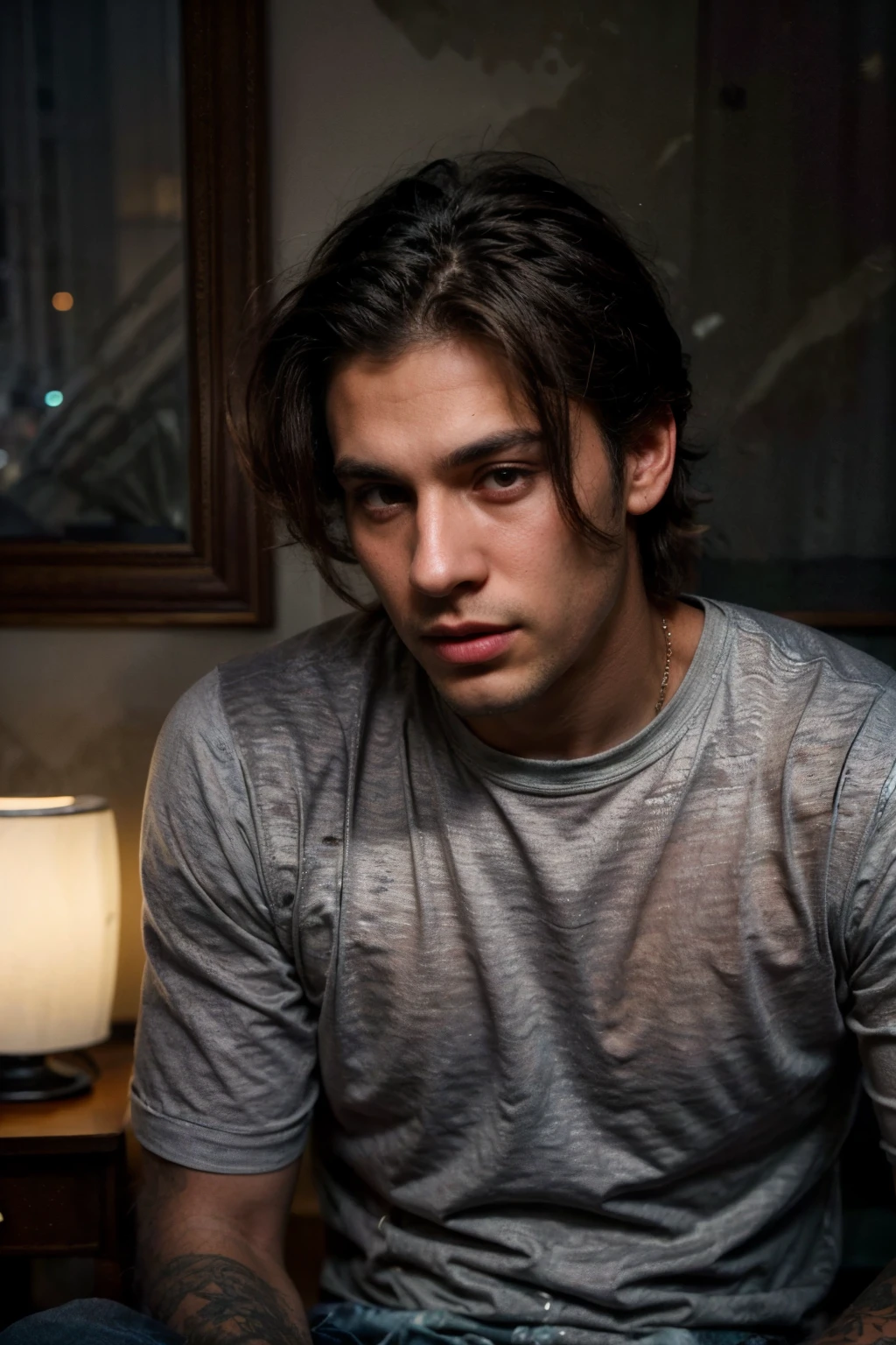 Man with medium dark hair and gray shirt posing for a photo, Greece inspired tattoos, attractive male, handsome male, attractive man, handsome attractive face, handsome and attractive, attractive young man, slim man with light tanned skin, handsome man, shoulder-length brown hair, male model, perfect handsome face, strong masculine features, detailed face, square jawline, RAW photo, of a 28-year-old dark haired man, snuggle, in darkly lit room, dynamic angle to camera, details (textures:0.6), soft warm lighting, deep rich shadows, very detailed eyelashes (resting), lover, DSLR Lighting, SLR camera, Ultra-Quality, Sharpness, detailing (City center), Fujifilm XT3, crystal Clean, The center of the frame, distinct face, Sharp Focus, detailing skin pores, skin, (complex eye details), full lips, across from camera, using himself to focus our eyes, to calm us, testing us, intensely focusing his attention on us, flirting, peaceful and arousing in dreamy ways, sultry posing, detailed, spring colored outfit, casual, observing us closely in the space, behind him in the background open patio, wooded landscape, ((American culture merging in fabrics)), exquisite style and taste,