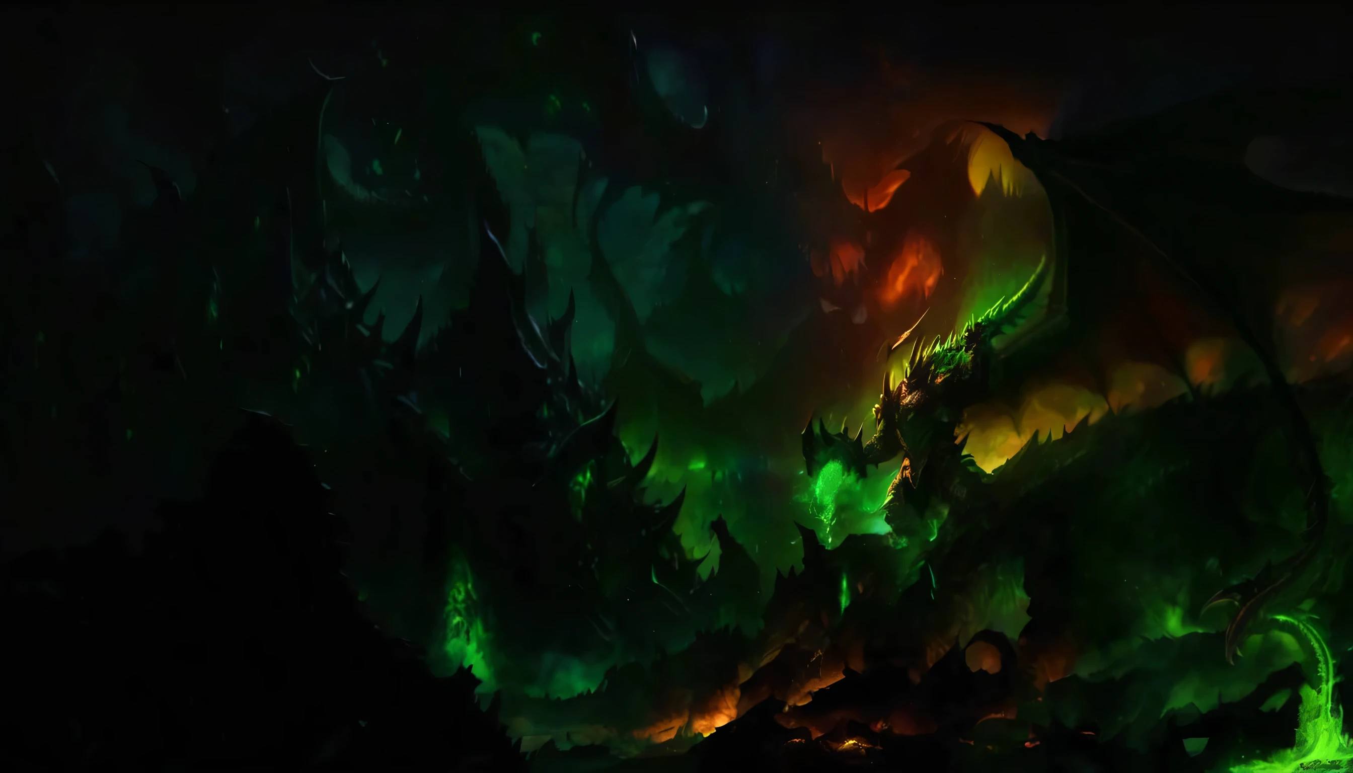 There is a dragon standing in the dark, Deathwing, World of Warcraft Art, World of Warcraft Art style, High quality desktop wallpaper, Illidan, World of Warcraft splash art, World of Warcraft concept art, warcraft artwork, Green Dragon, blizzard warcraft artwork, Epic wallpapers, Cataclysm, Death knight, Computer tablecloths