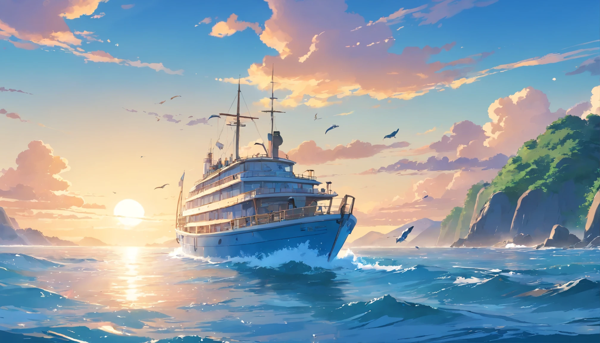 repaint with blue tint, blue sky, blue ocean,Jumping dolphins, Penguins reading on a boat, High detail watercolor 8K, Highly detailed watercolor 8K,Octane number,end,actual,8K,Xin Haicheng style( Reasonable design, clear lines, high definition,best quality, Very detailed, Main items, movie lighting effects, 4K )