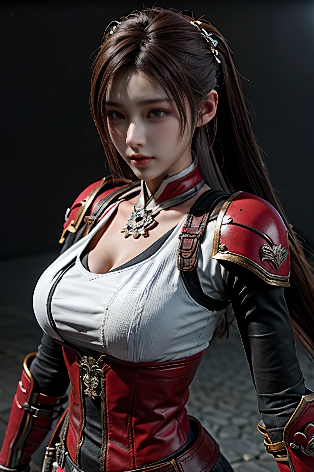 Game art，The best picture quality，Highest resolution，8K，(A bust photograph)，(Portrait)，(Head close-up)，(Rule of thirds)，Unreal Engine 5 rendering works， (The Girl of the Future)，(Female Warrior)， 
20-year-old girl，((Hunter))，An eye rich in detail，(Big breasts)，Elegant and noble，indifferent，brave，
（Medieval-style fur combat clothing，Glowing magic lines，Animal skin clothing with rich details,Red and white），Medieval Lady Knight，Medieval ranger，
photo poses，simple background，Movie lights，Ray tracing，Game CG，((3D Unreal Engine))，OC rendering reflection pattern