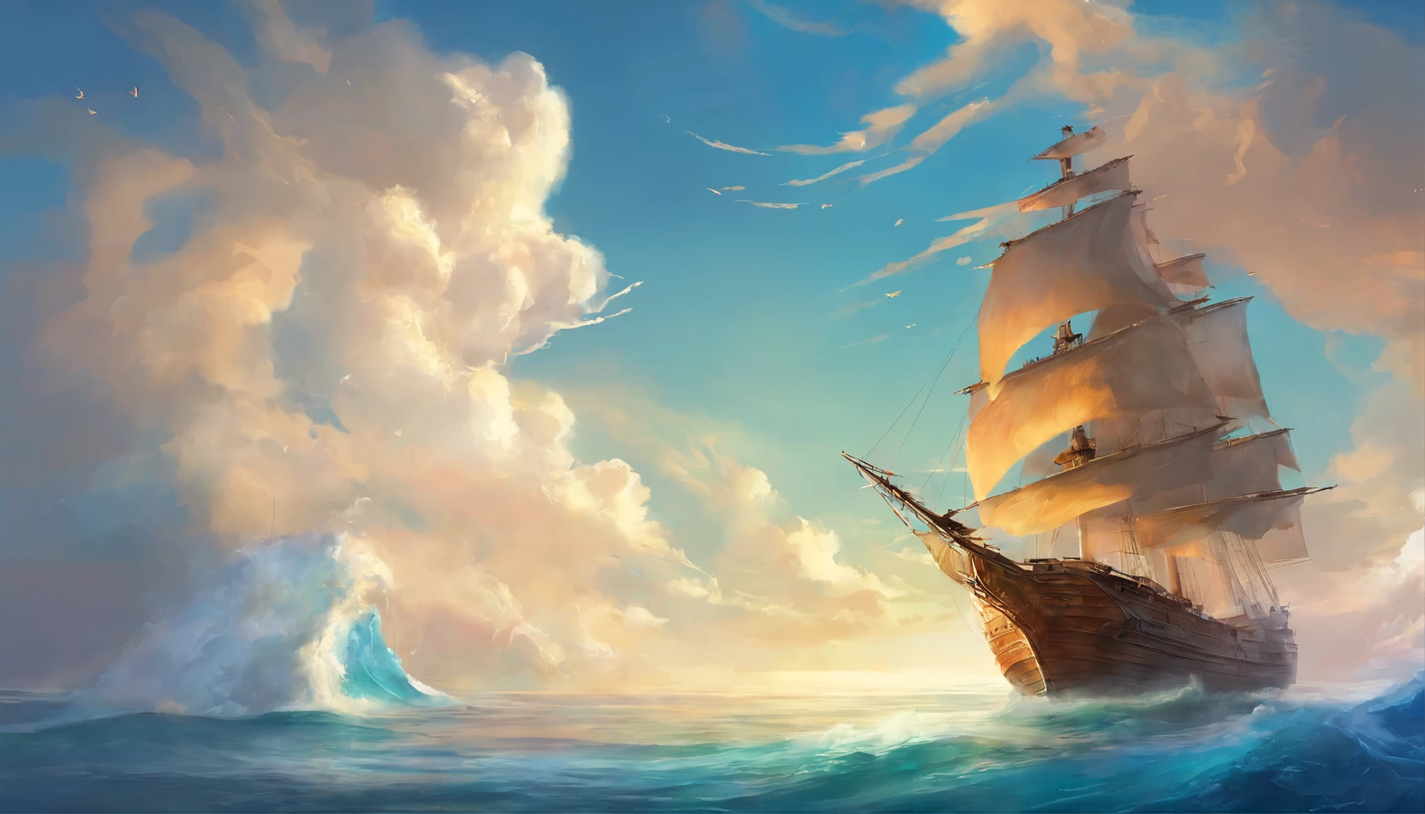 1 ship, Ocean, wave, visual impact, Blue sky and white clouds, Beautiful composition, illustrate