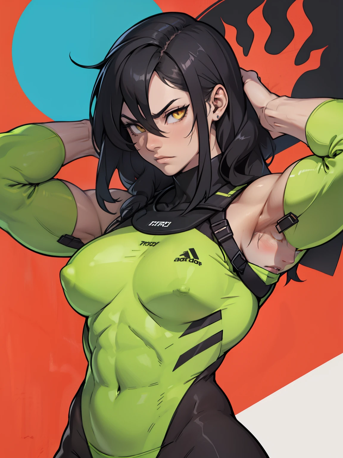 girl muscles large breasts pale skin black hair yellow eyes skintight sad