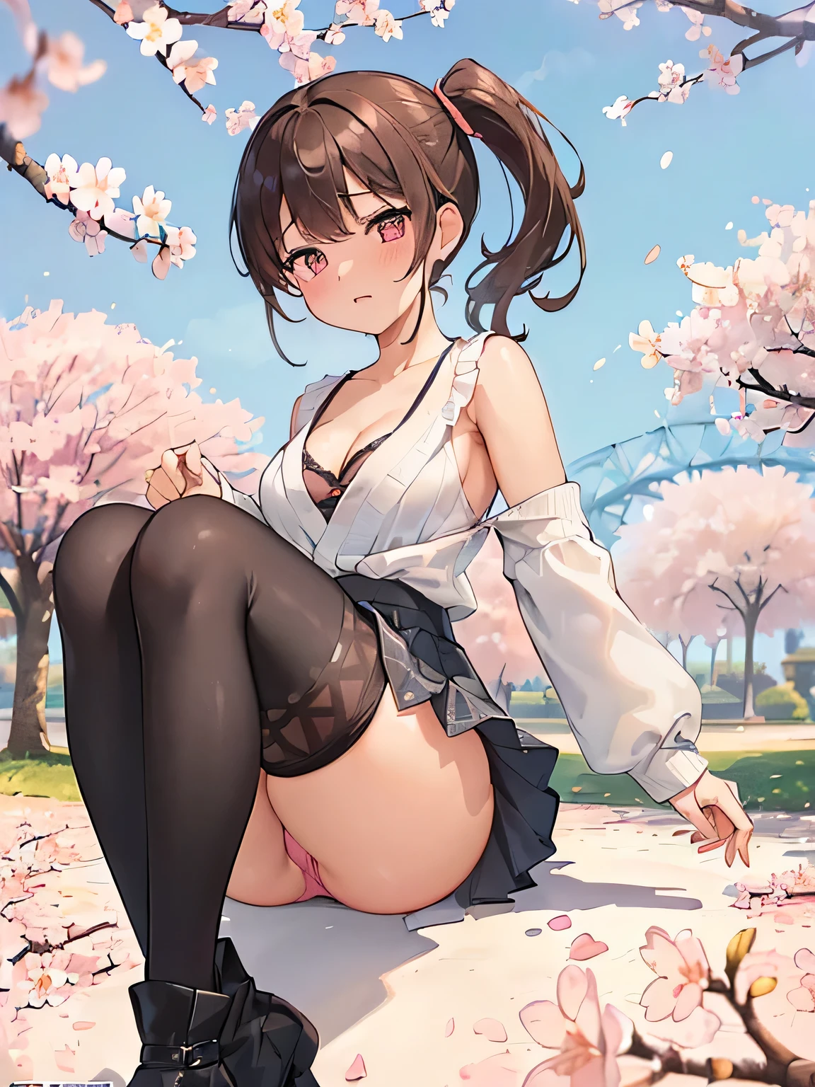 (Masterpiece, top quality, high resolution, realistic photo, realistic looking skin:1.1),
(Woman walking in park lined with cherry blossom trees:1.2),
(Skirt billowing in the wind: 1.8),
(Fully exposed panties: 1.8),
(blushing and embarrassed expression as her skirt flips up:1.5),
(She is wearing a black long-sleeved V-neck knit: 1.8),
(She is wearing a gray flared mini-skirt:1.8),
(She is wearing black middle boots: 1.8),
(She does not wear knee-high stockings because they are too hot: 1.8),
(I do not wear knee-high socks because it is too hot. 1.8),
(Panties are loudly colored and patterned: 1.5),
(Brown hair in a middle ponytail:1.5),
(Small face:1.5),
(D-cup breasts so you can see her cleavage: 1.5),
(Location: a park lined with cherry blossom trees where the wind blows: 1.5),
1 Japanese girl, solo, full bodied esbian, beautiful eyes, glowing eyes, glowing thighs, NSFW