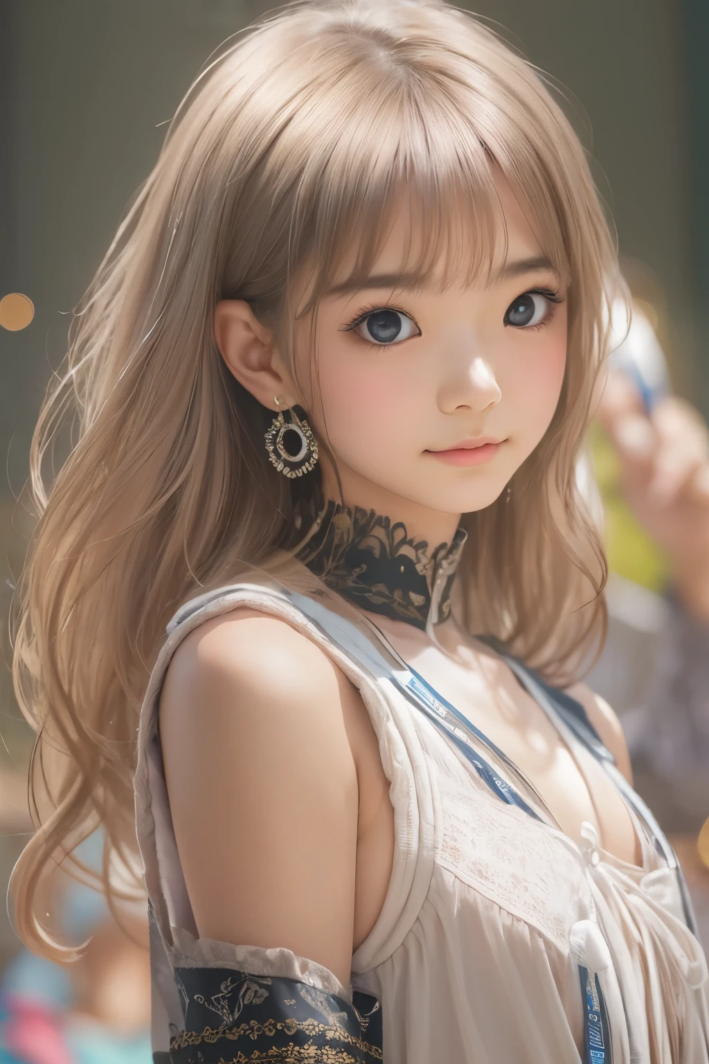 ((sfw: 1.4)),((detailed face, professional photography)), ((sfw, idol costume, idol uniform, on stage, 1 Girl, flat chest)), Ultra High Resolution, (Realistic: 1.4), RAW Photo, Best Quality, (Photorealistic Stick), Focus, Soft Light, (()), ((Japanese)), (( (young face))), (surface), (depth of field), masterpiece, (realistic), woman, bangs, ((1 girl))