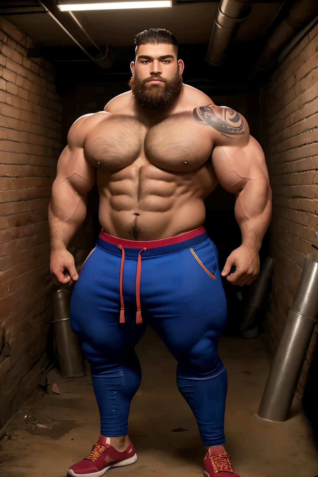 tattoos, glistering skin, oily skin, immensely extremely muscular bara; (((supernaturally giant, muscular buffy handsome young dude))), chilling at a basement, full body, broad massive jawline, chiseled face, extremely huge shoulders, enormous biceps, muscular thick neck, beard.