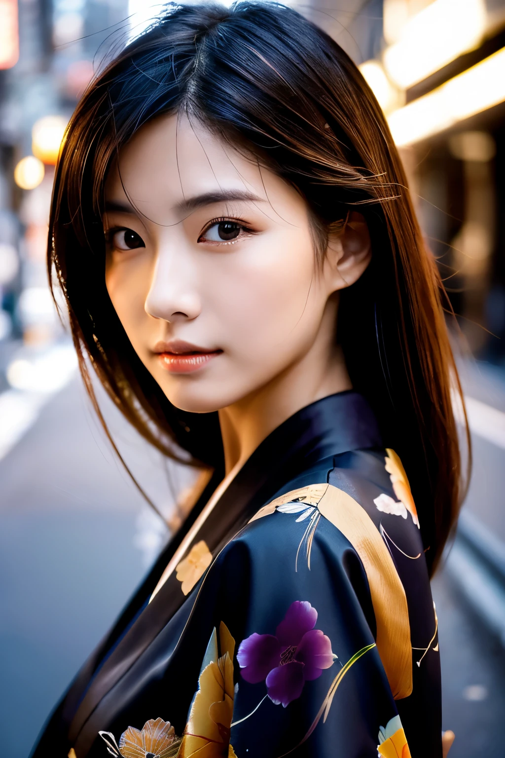 Beautiful Japanese supermodel woman, A lock of hair with slight highlights, black eyes, Sexy,street background,Gorgeous kimono , Liquid color flows across her face, Shooting against the light,Perfect facial lighting,mixed media