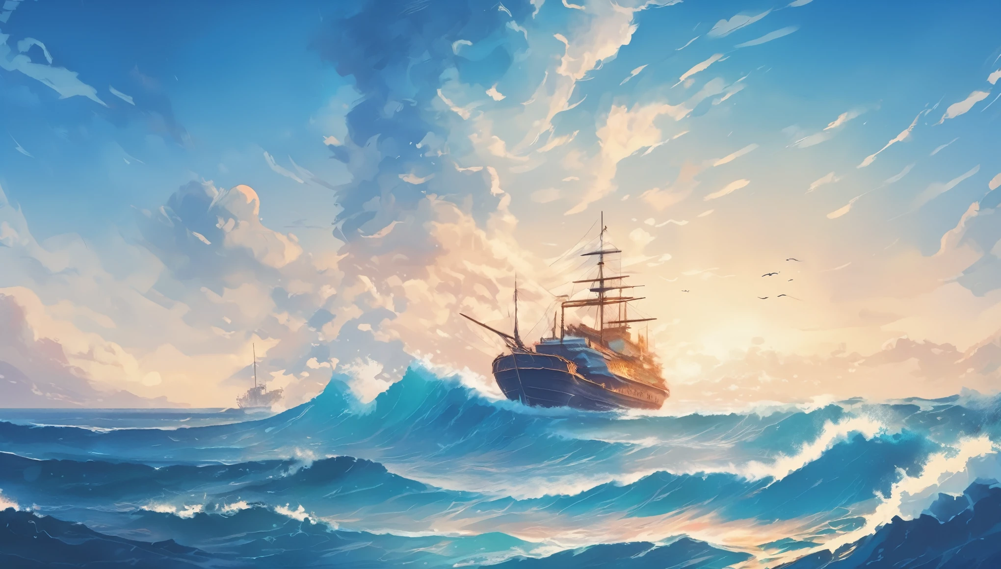 of a ship in the ocean with the sky as a background, Xin Haicheng cyril rolando, ship at sea, a ship lost in a storm, in the rough sea, Detailed 4k, on the sea, amazing wallpapers, Xin Haicheng. —h 2160, Beautiful art ultra hd 4k