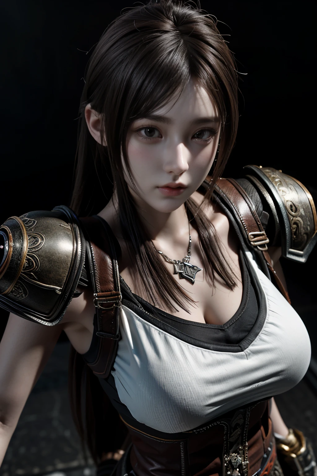 Game art，The best picture quality，Highest resolution，8K，(A bust photograph)，(Portrait)，(Head close-up)，(Rule of thirds)，Unreal Engine 5 rendering works， (The Girl of the Future)，(Female Warrior)， 
20-year-old girl，((Hunter))，An eye rich in detail，(Big breasts)，Elegant and noble，indifferent，brave，
（Medieval-style fur combat clothing，Glowing magic lines，Animal skin clothing with rich details,Red and white），Medieval Lady Knight，Medieval ranger，
photo poses，simple background，Movie lights，Ray tracing，Game CG，((3D Unreal Engine))，OC rendering reflection pattern