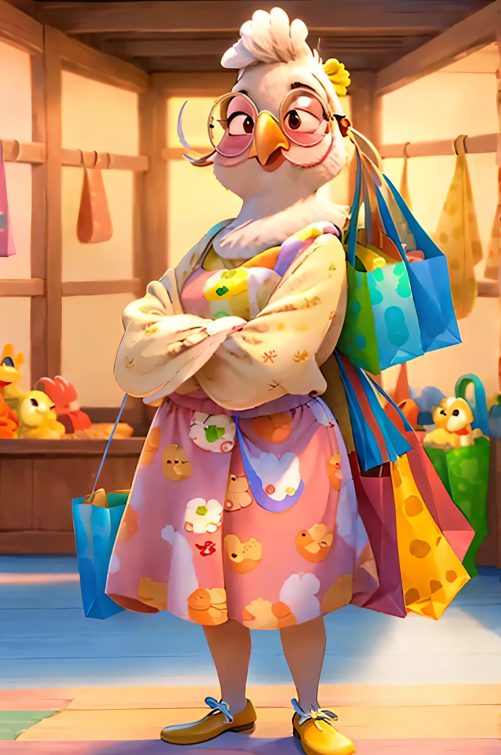 a disney style chicken character with a chicken head wearing a baggy tacky dress. She is futile. She is holding shopping bags. The character wears wide and big feminine glasses. She is an animal. She is not a human person. pixar Disney style. studio illumination. indoor.