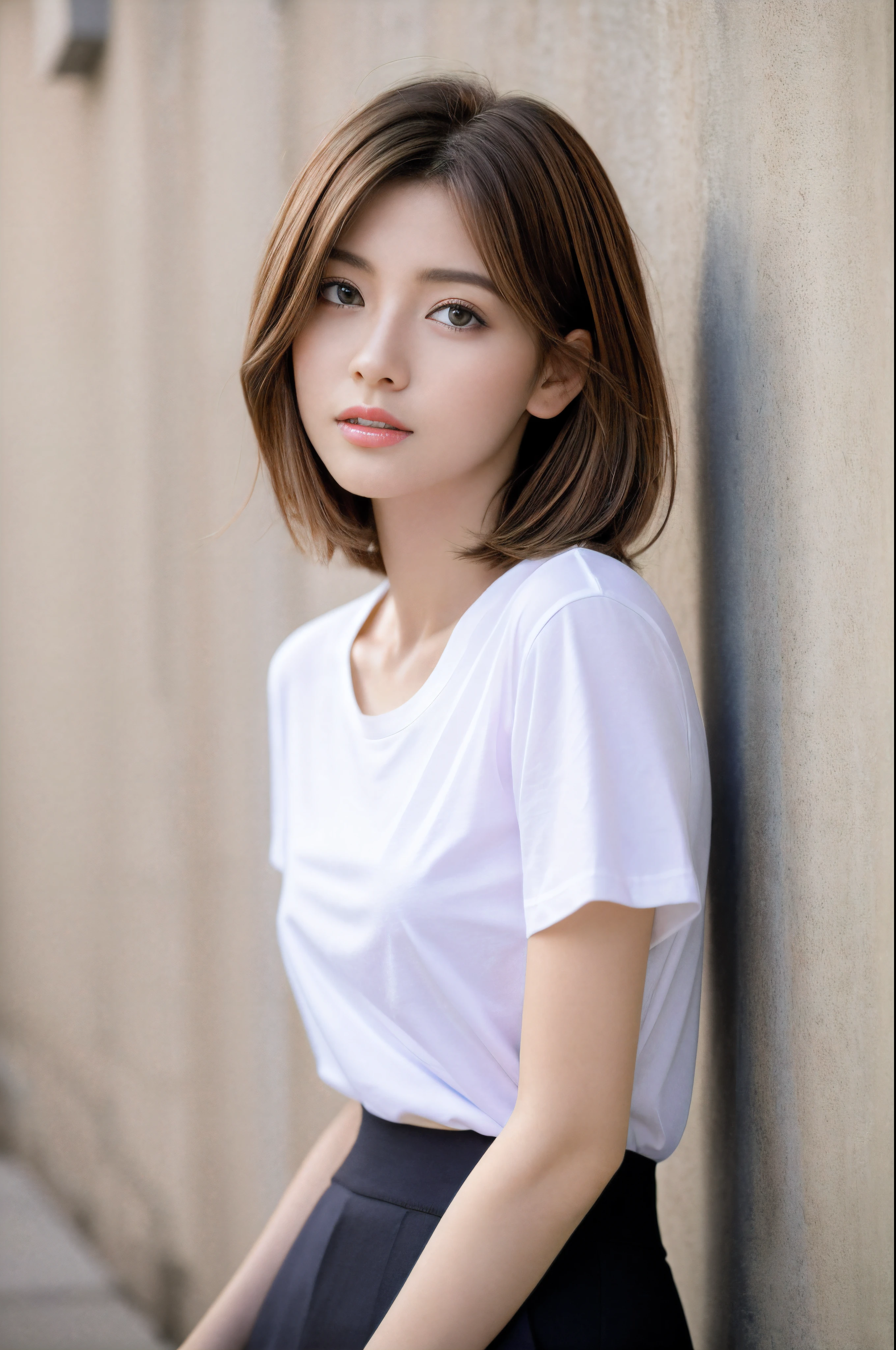 best image quality、RAW photo、超A high resolution、18 year old female、Shooting for one person only、model shoot、big round breasts、T-shirt、black short pants、Beautiful eyes in every detail、very long eyes、beautiful eyelashes、beautiful double eyelids、white wall、beautiful waist、very thin legs、light brown short hair、very thin physique