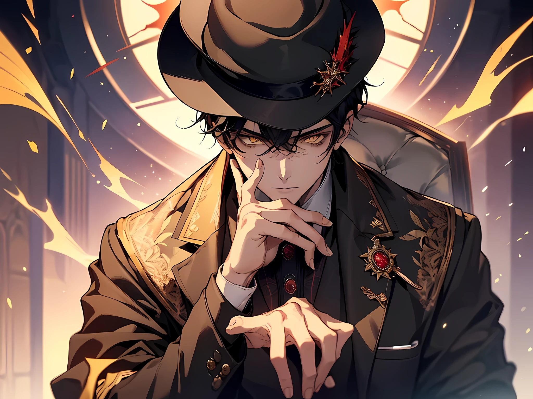 (masterpiece:1.2, best quality), MuzanMale, 1boy, male focus, solo, sitting, hat, yellow eyes, formal, suit, black hair, chair, looking at viewer, white fedora, cinematic lighting, demonic, red particles, detailed background, complex structures, hyperdetailed sharp face, dynamic pose
