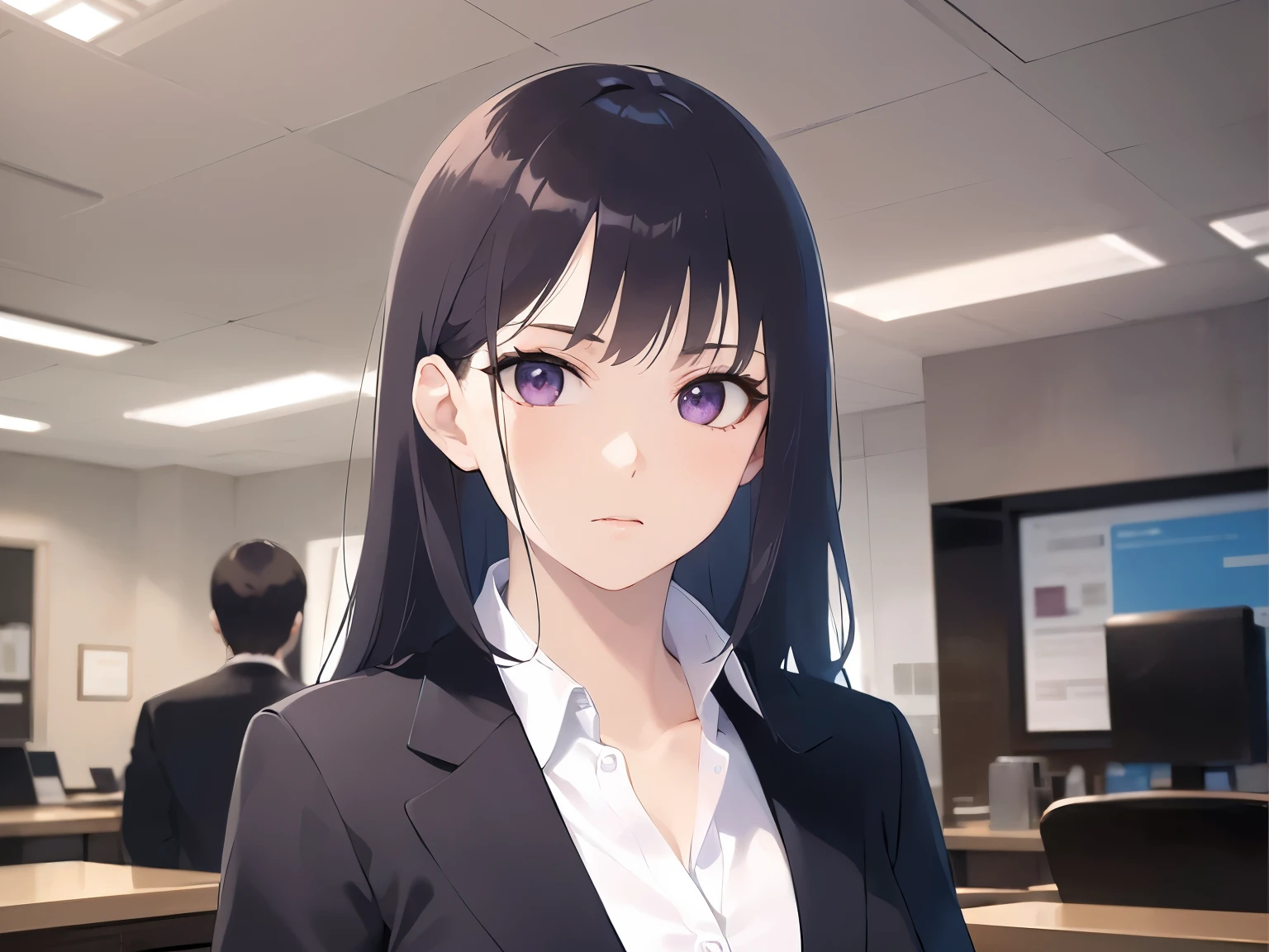 Upper Body, Realistic, real person, (pale skin: 1.2), RAW photo, photorealistic, portrait photography, shiny skin, japanese idol、shiny hair、(25 year old woman with straight medium hair with bangs) and (black hair) and (purple eyes) , Office Lady、(white collared shirt) and (long sleeve) 、Bad mood, The background is the company&#39;s front desk、Alone、Are standing