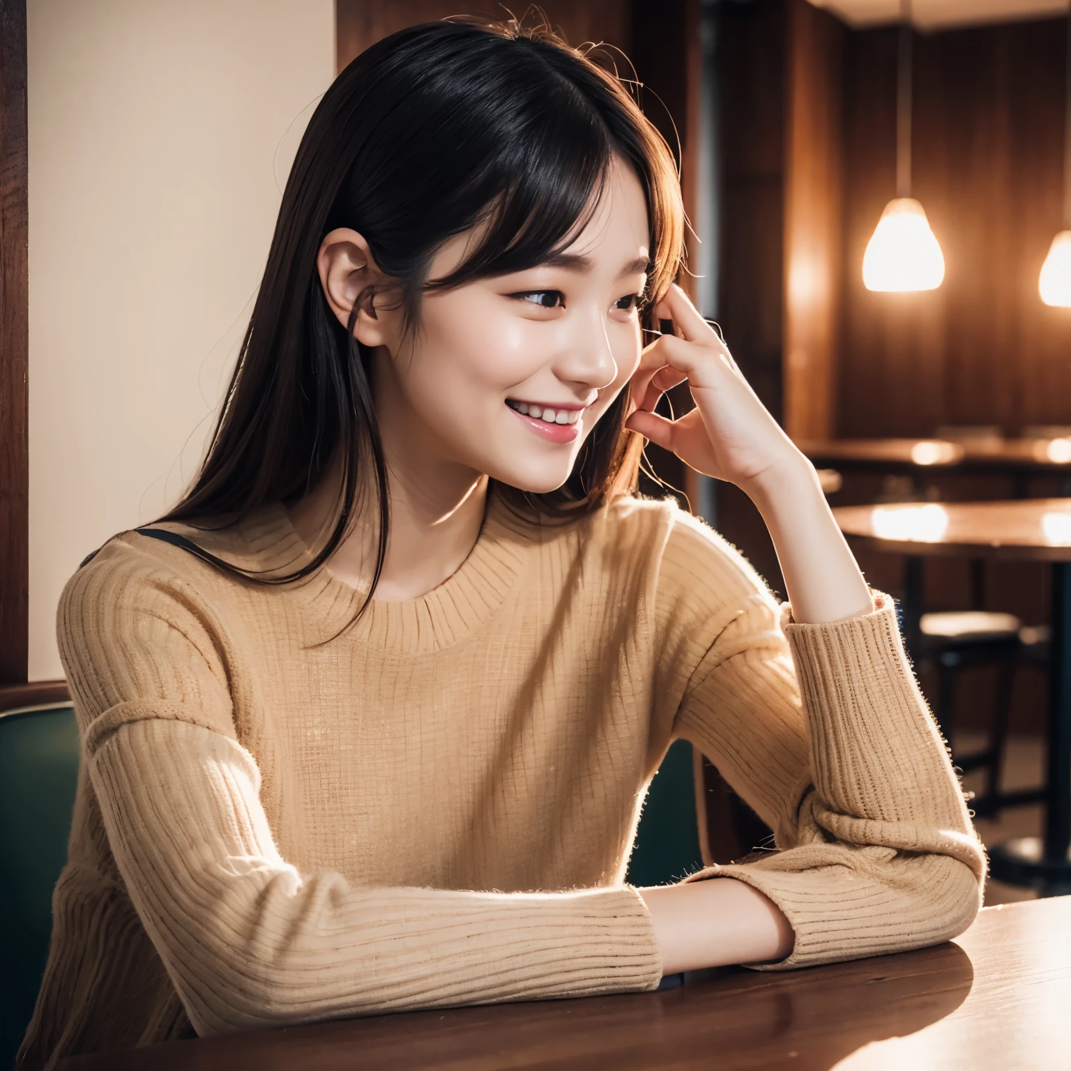 (One beautiful woman:1.2)、There is one woman sitting in front of the table, Women in Their 20s,（Soft smile）,A smile,thinking pose, Thoughtful expression, Well-thought-out vision, thoughtful ), Thoughtful Pose, thoughtful, sideways eyes, Pensive expression, Sitting in a café, Has a distant look, profile pose, best qualtiy，Highly detailed CG Unity 8k badasovie lighting，ssmile，