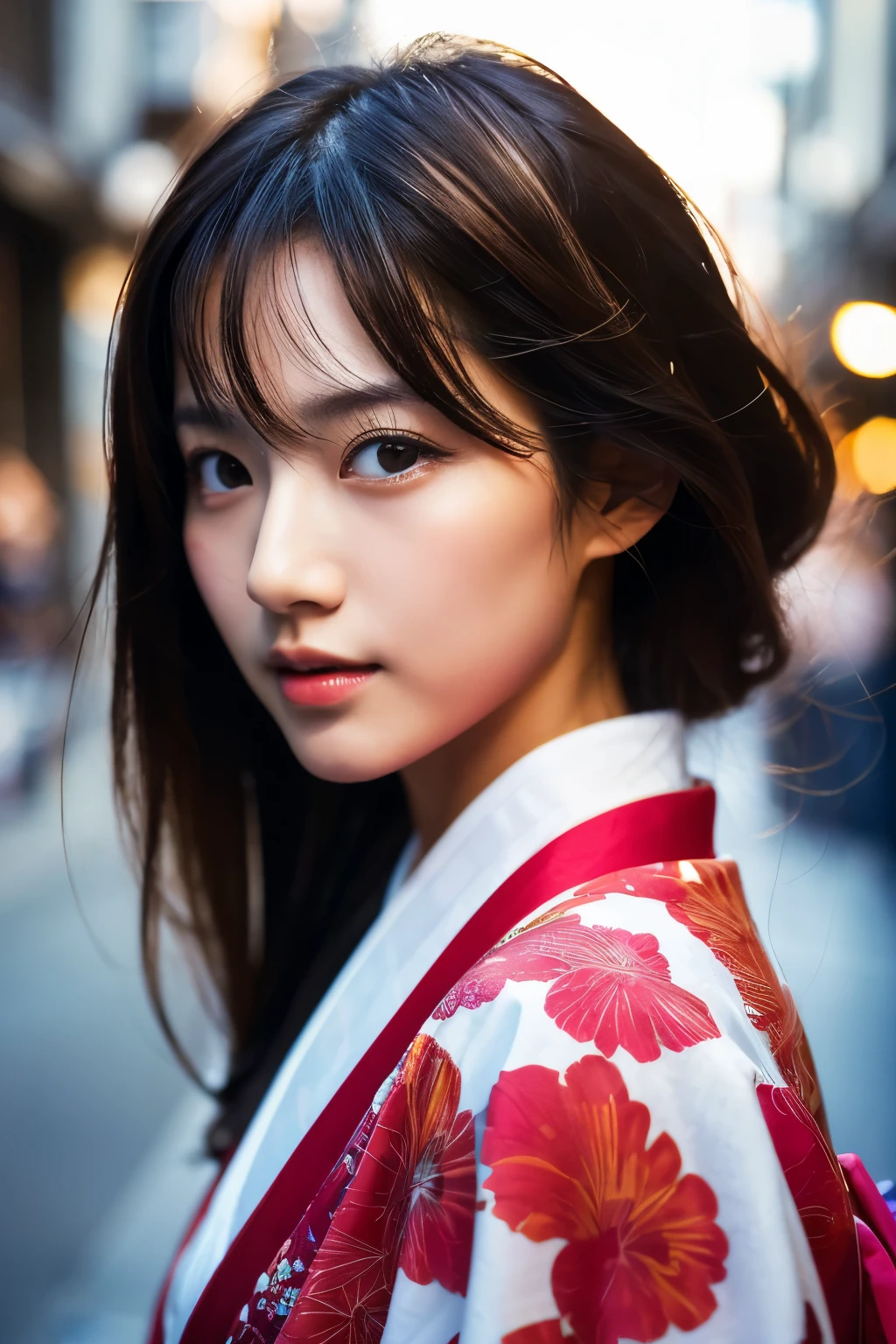 Beautiful Japanese supermodel woman, A lock of hair with slight highlights, black eyes, Sexy，street background，Gorgeous kimono , Liquid color flows across her face, Shooting against the light，Perfect facial lighting，mixed media