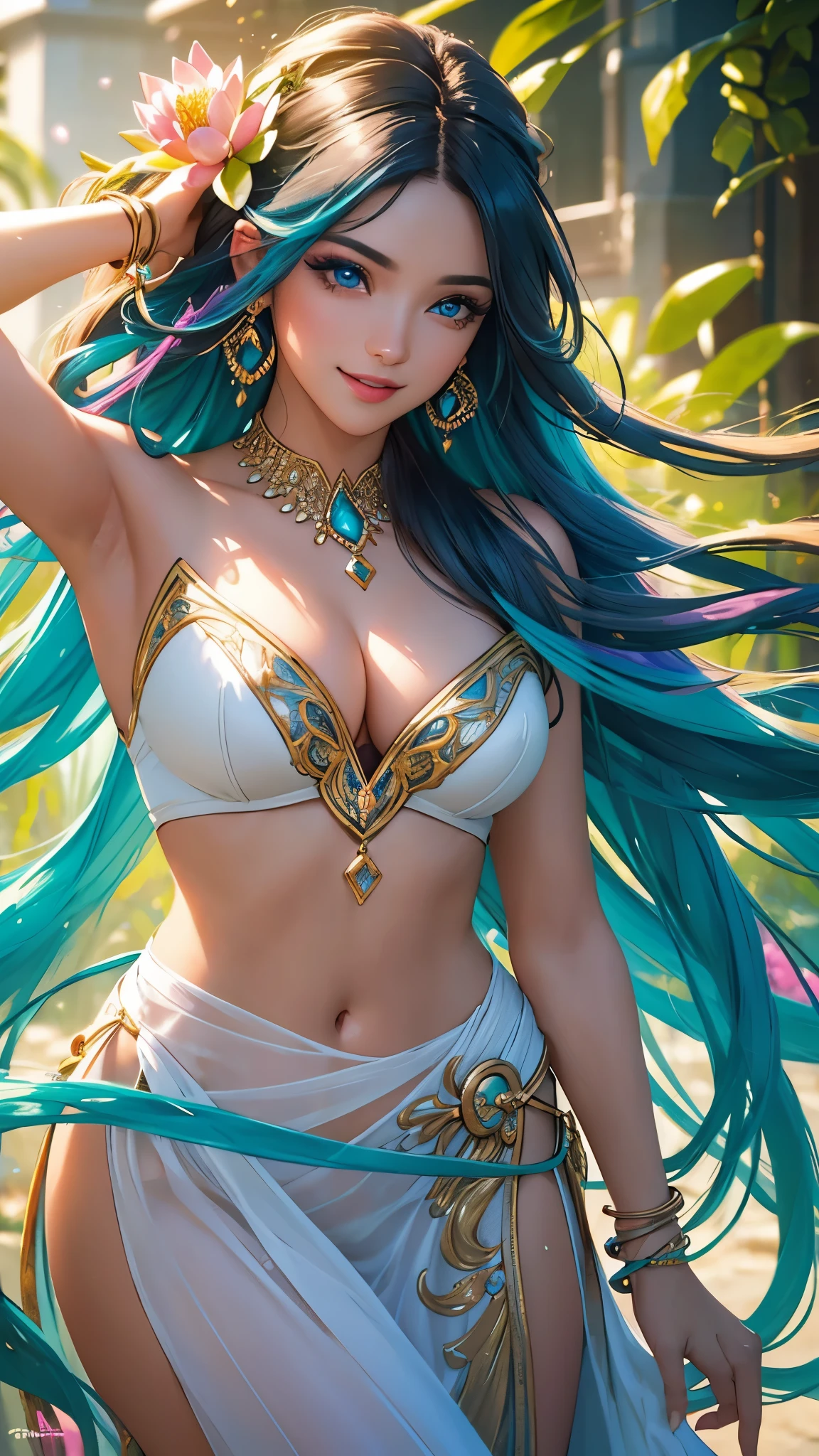 (best quality,ultra-detailed,photo-realistic:1.37),bright and vibrant colors,studio lighting,playful expression,stylish makeup, lotus, long hair flowing in the wind,alluring eyes,glossy lips,sexy pose, smiling in a confident and seductive way,posing for a professional photoshoot,shallow depth of field,highlighting the main subject,soft natural lighting,creating a dreamy and magical atmosphere.